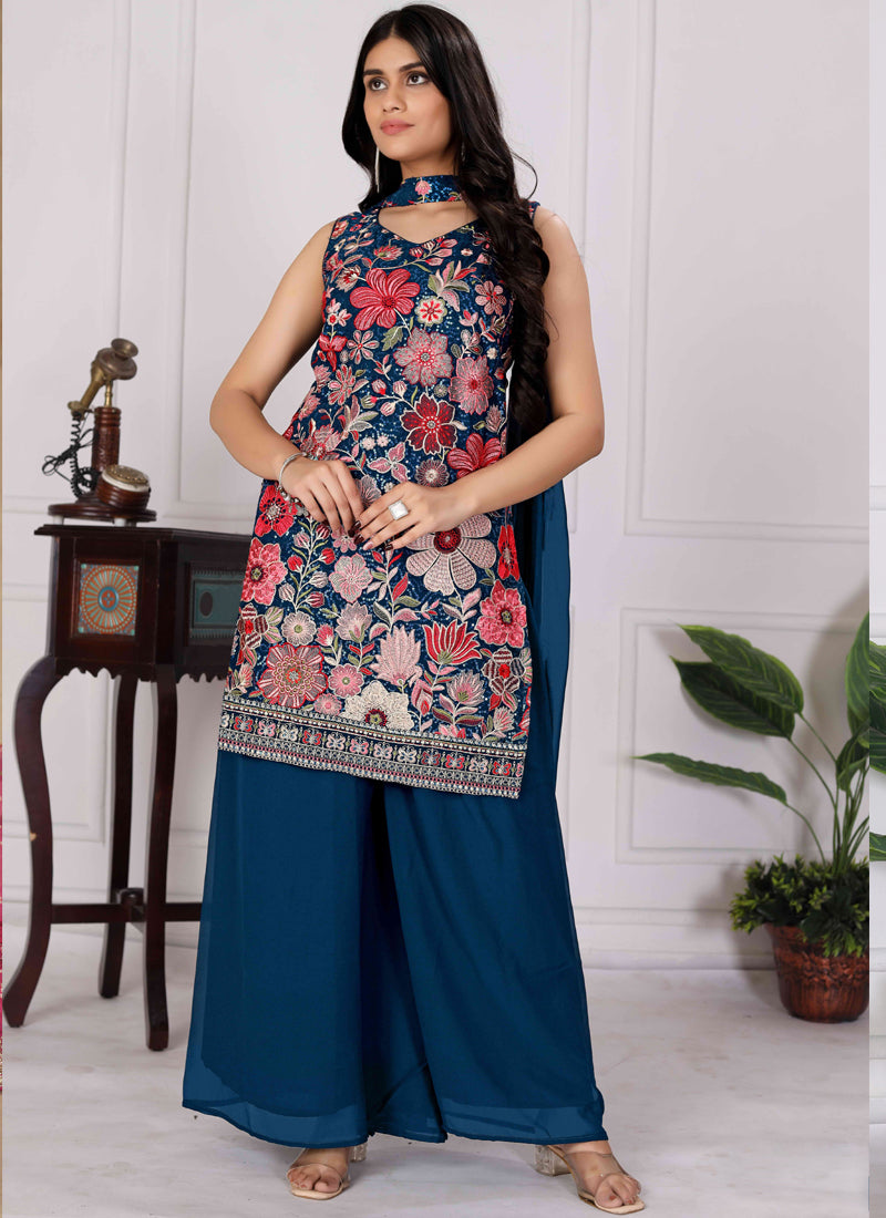 Women Aqua Blue Georgette Sequence Embroidered Plazzo Suit
