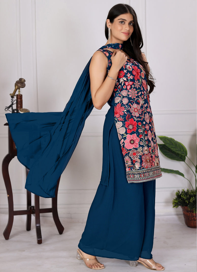Women Aqua Blue Georgette Sequence Embroidered Plazzo Suit