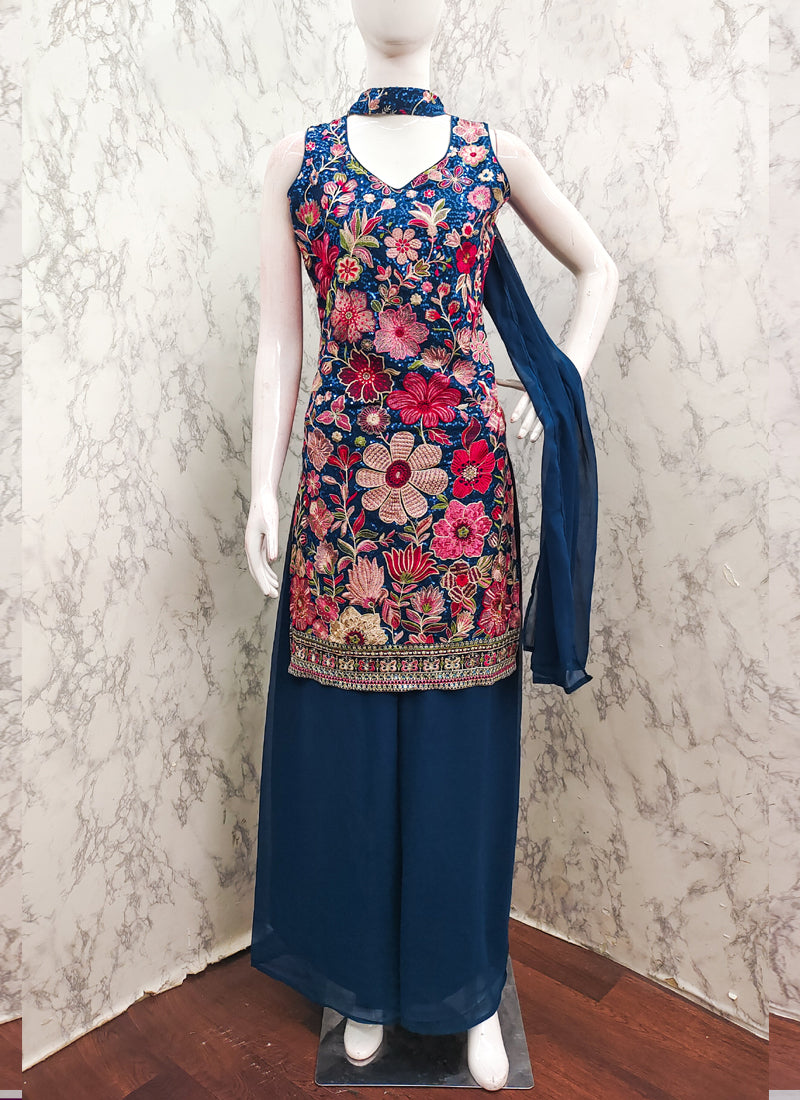 Women Aqua Blue Georgette Sequence Embroidered Plazzo Suit