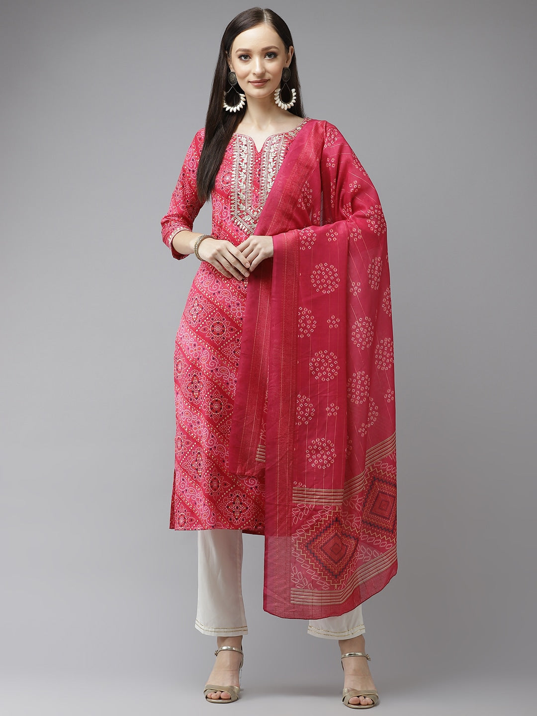 Women Pink Bandhani Printed Dupatta Set