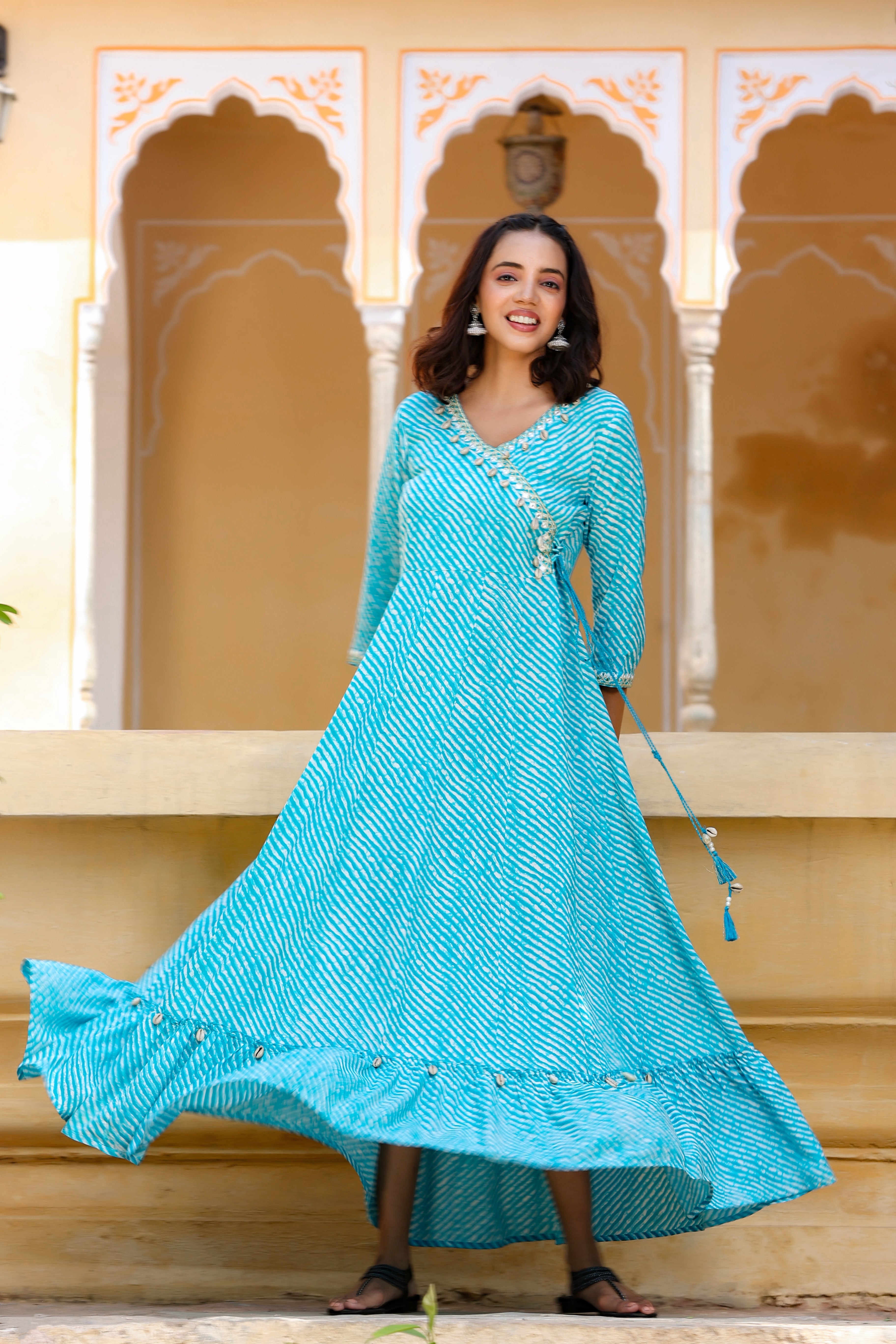 Women Blue Lehariya Printed Dress
