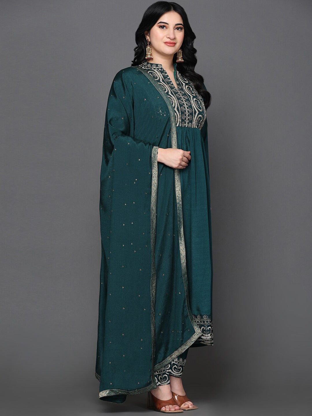Ethnic Motifs Embroidered Pure Silk Kurta with Trousers & With Dupatta