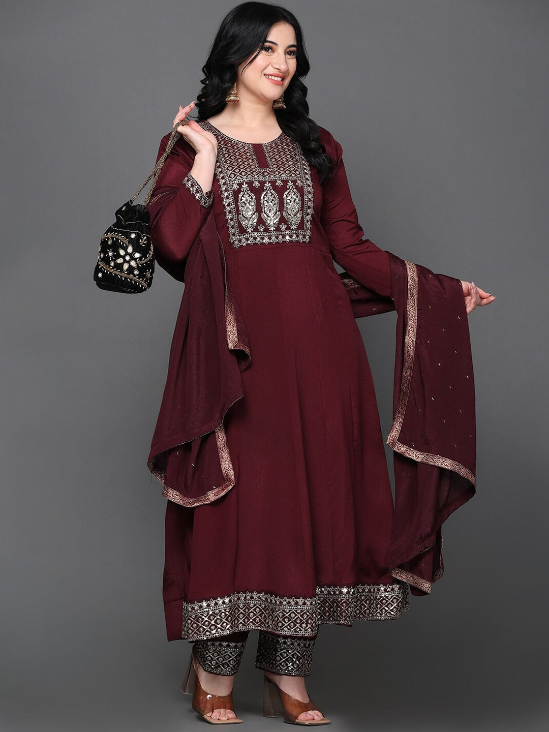 Embroidered Sequined Anarkali Pure Silk Kurta with Trousers & Dupatta