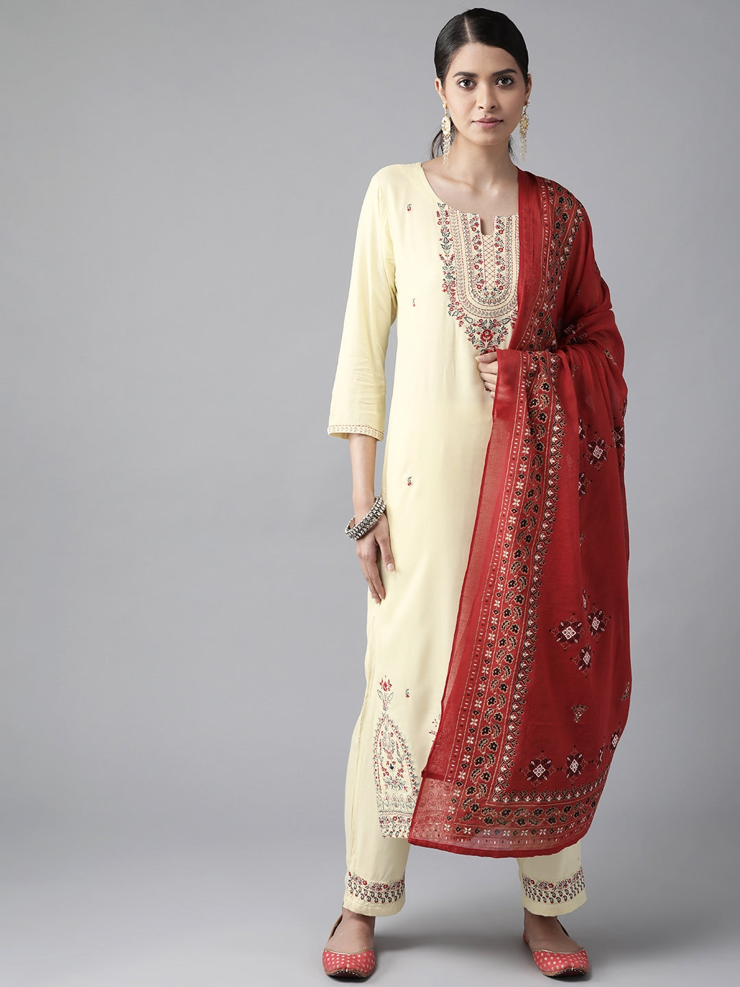 Women Cream & Red Embroidered Dupatta Set