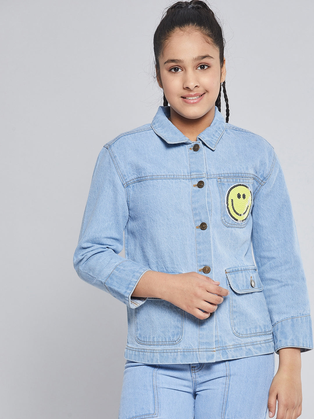 N2Z2TOZ - Girls Ice Blue SMILEY Patch Denim Jacket