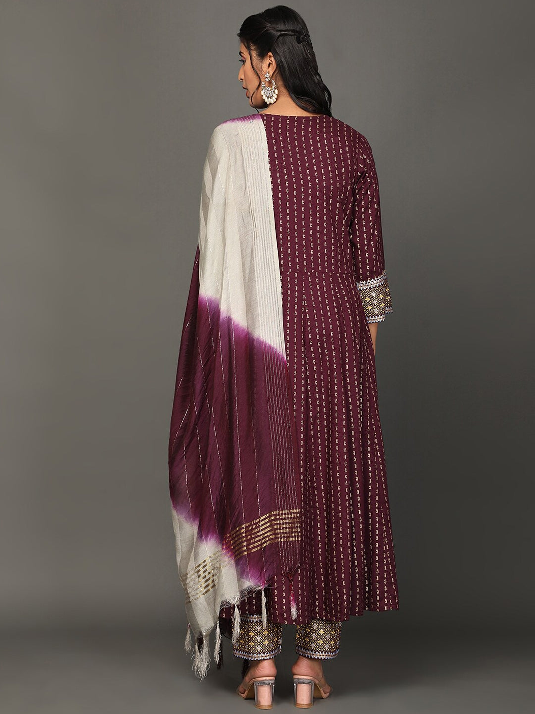 Floral Embroidered Zari Sequined Anarkali Kurta with Trousers & Dupatta