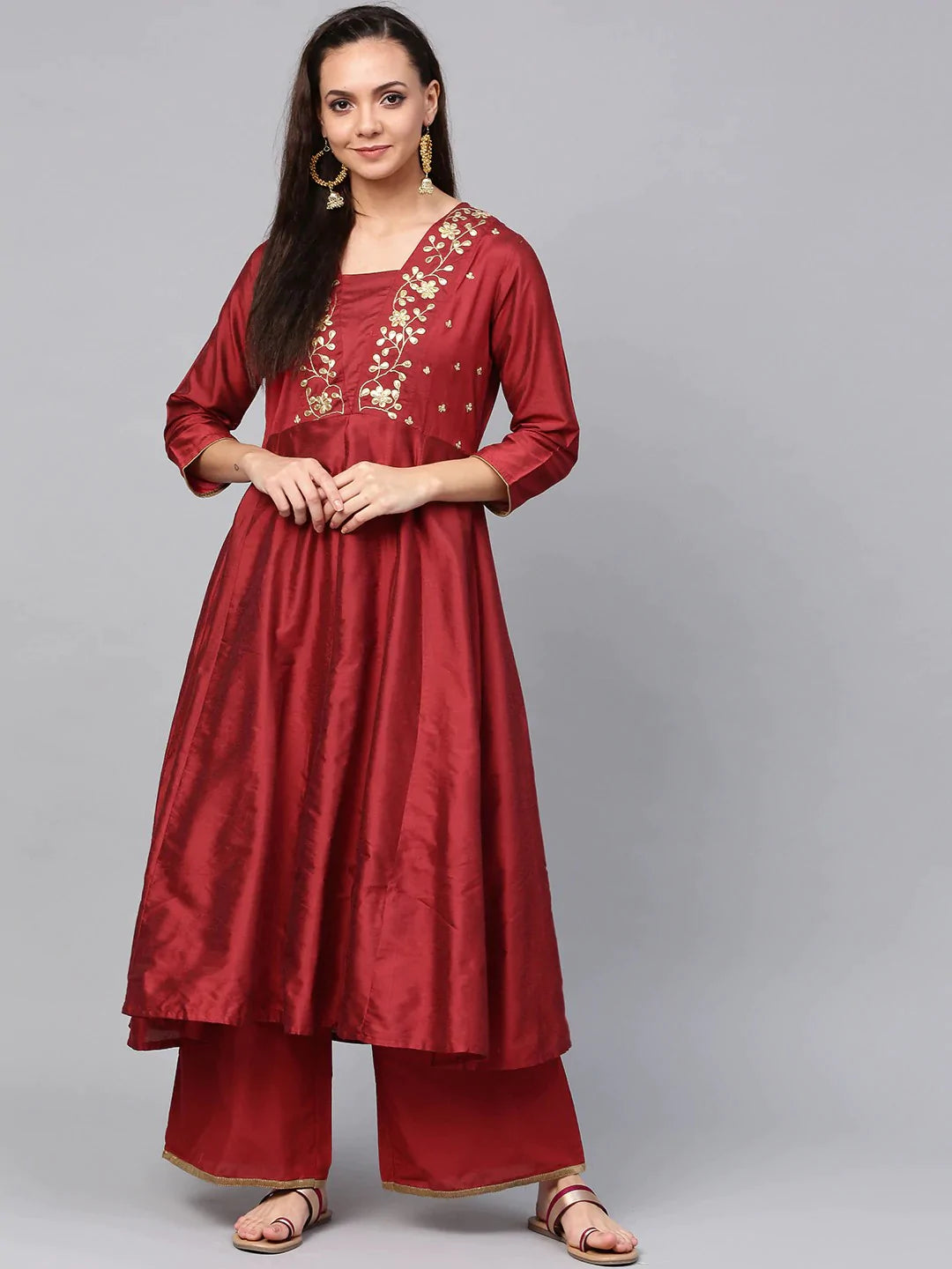 Women's Maroon & Gold-Toned Embroidered Kurta With Palazzos