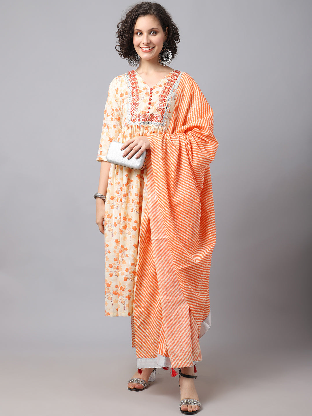 Orange maple leaf kurta set with patra embroidery