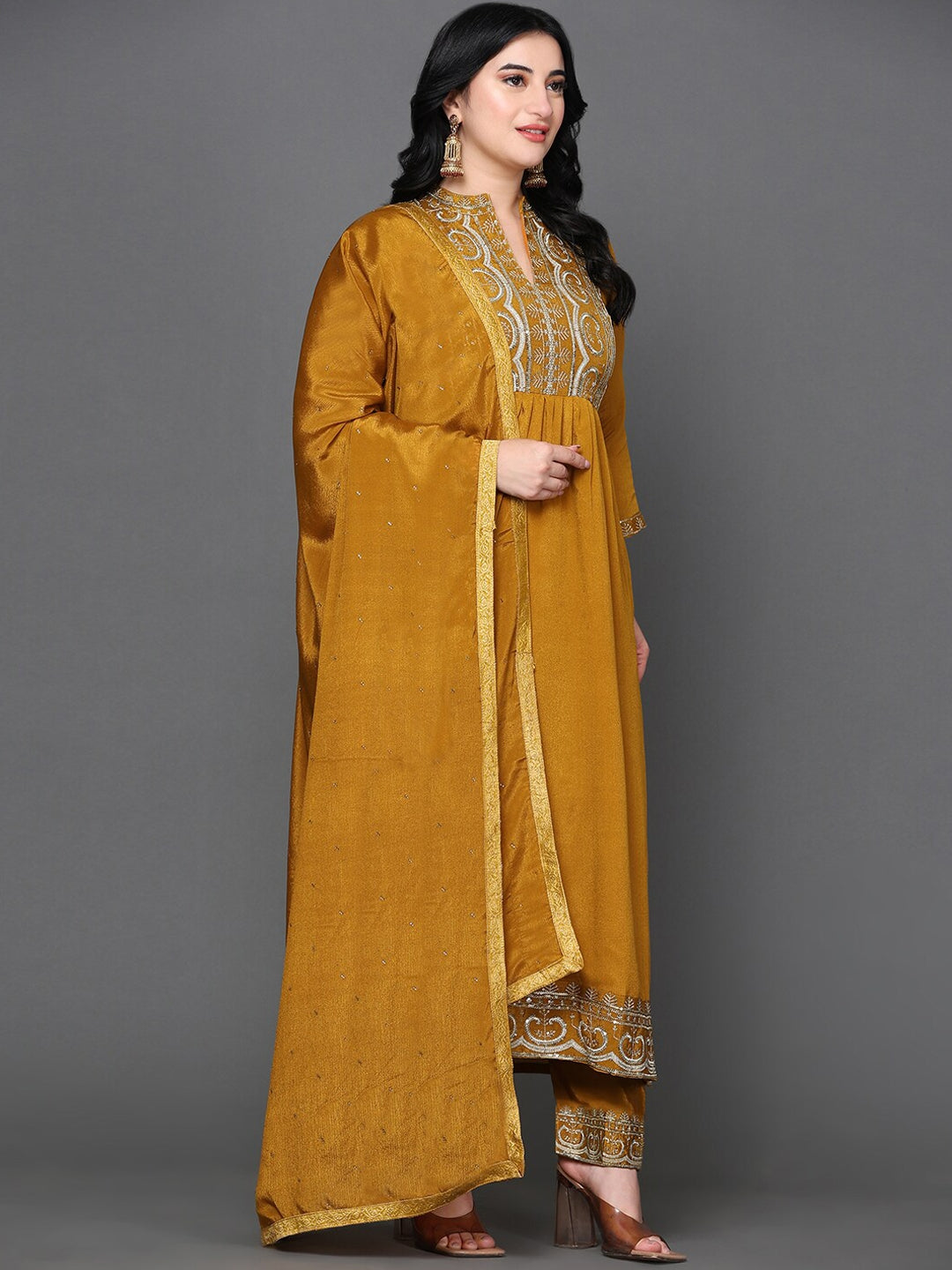 Ethnic Motifs Embroidered Sequined Pure Silk Kurta with Trousers & Dupatta