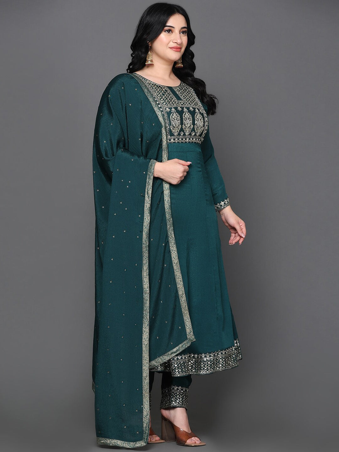 Ethnic Motifs Yoke Design Pure Silk Anarkali Kurta with Trousers & Dupatta
