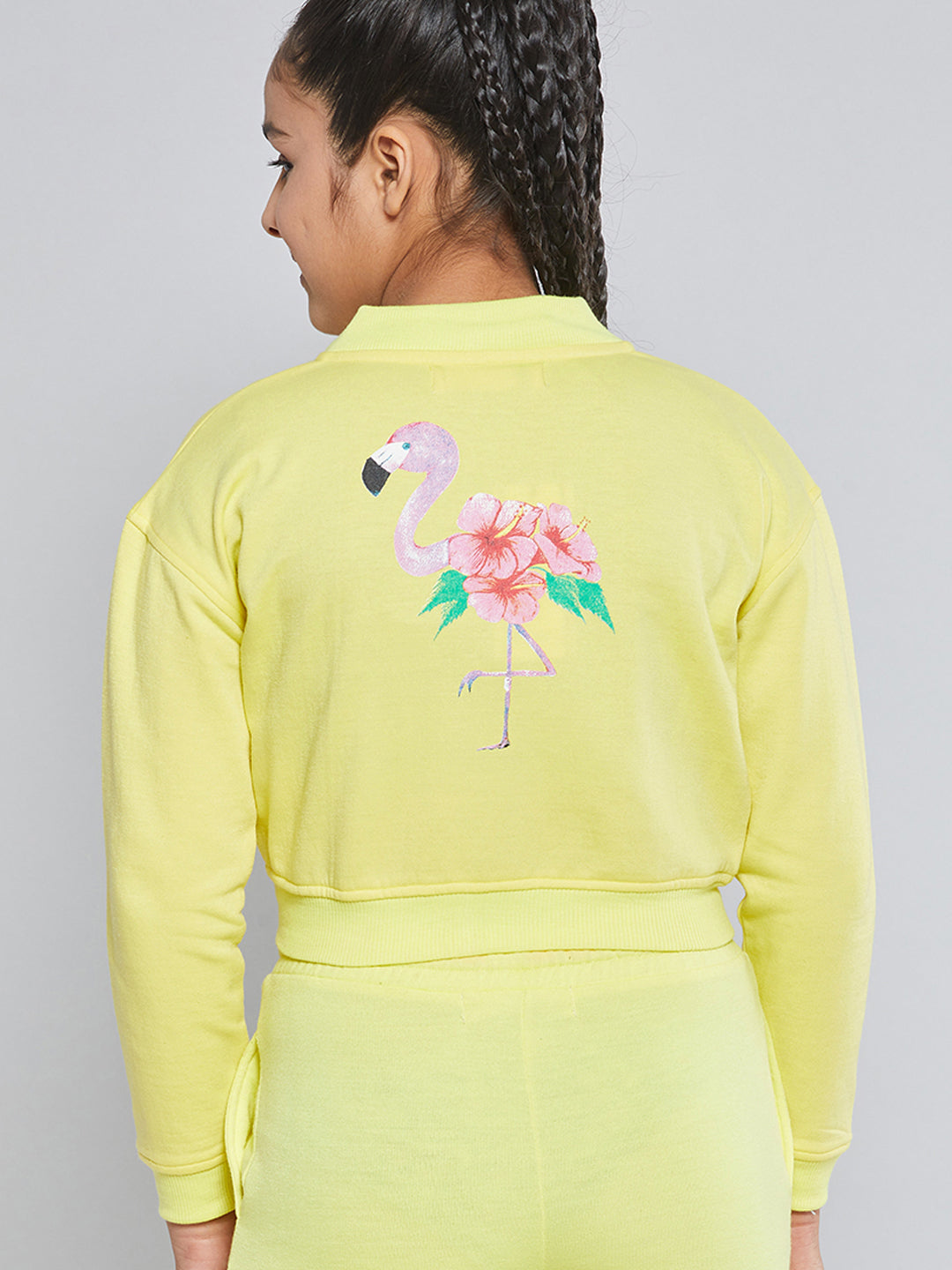 N2Z2TOZ - Girls Yellow Fleece Flamingo Bomber Jacket