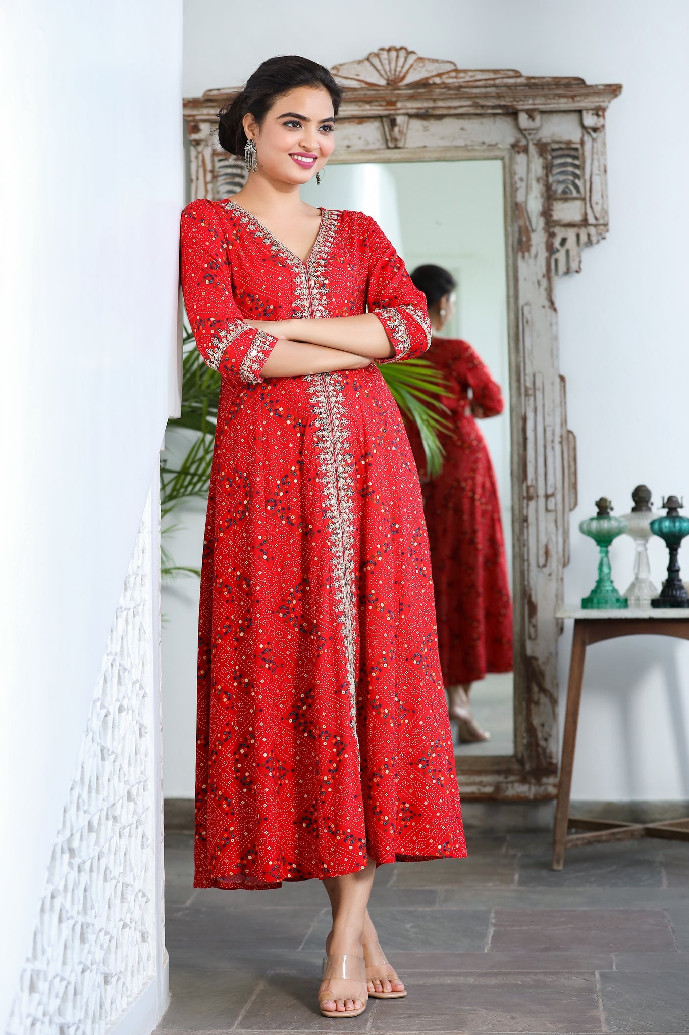 Women Red Bandhani Embroidered Dress