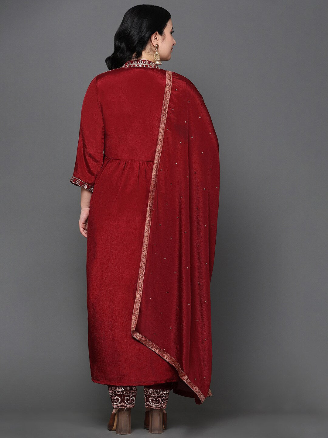 Ethnic Motifs Yoke Design Pleated Pure Silk Kurta with Trousers & Dupatta