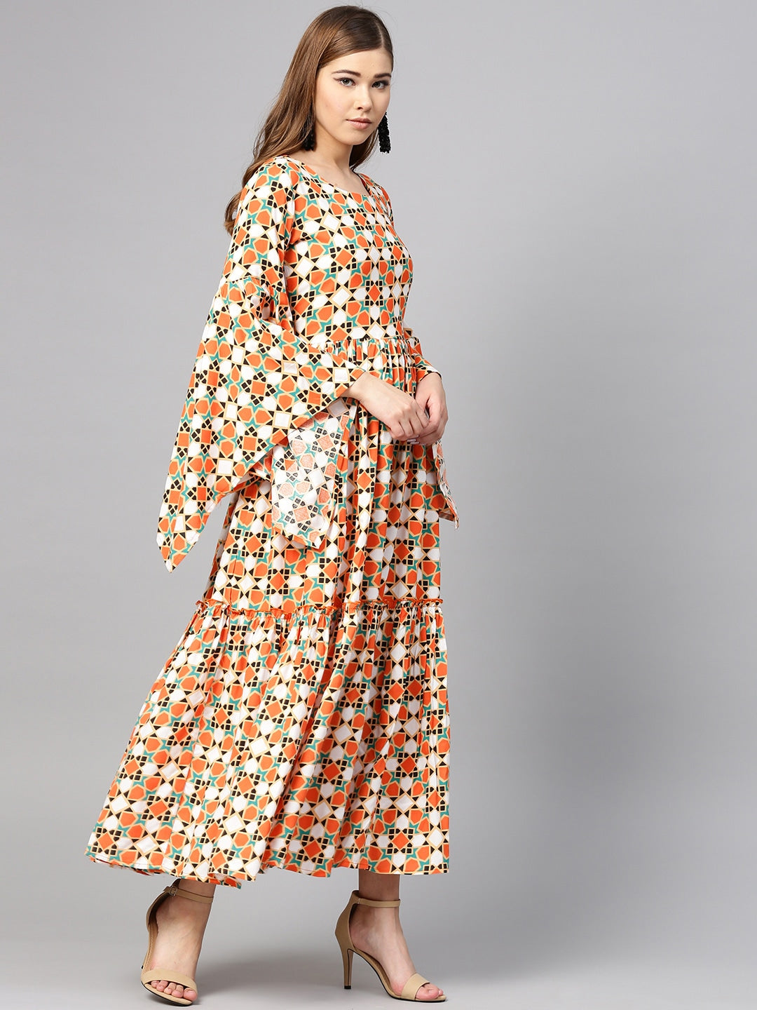 Women Orange & Off White Printed Dress