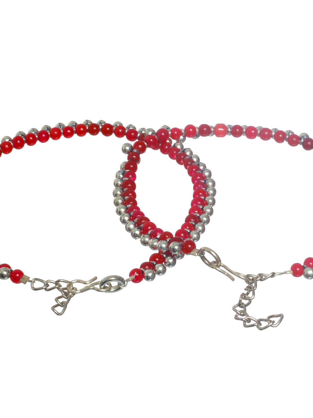 Red Beaded Silver Plated Anklet Set - NOZ2TOZ