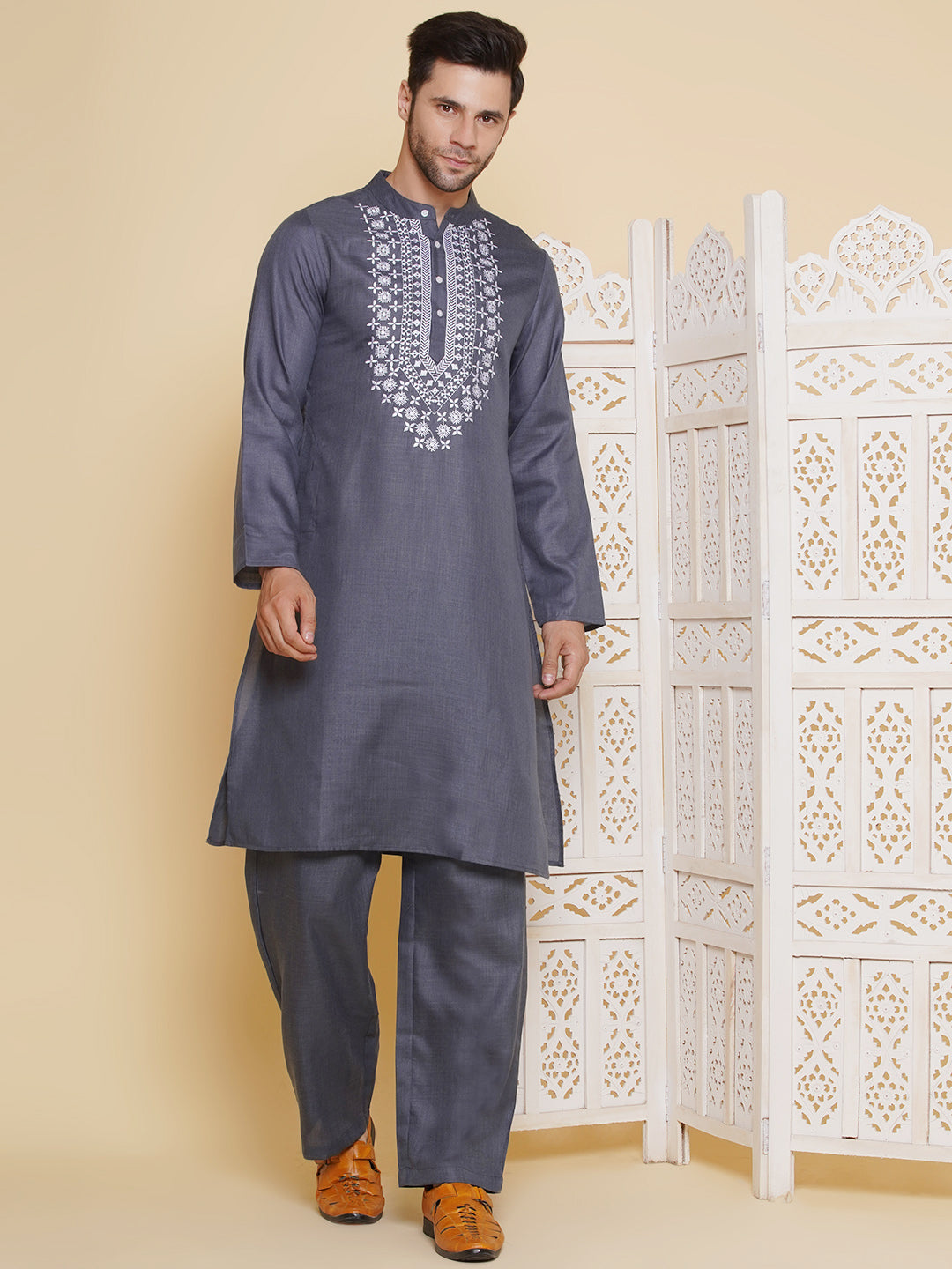 Men Grey Embroidered ethnic motifs Festive Kurta Pyjamas