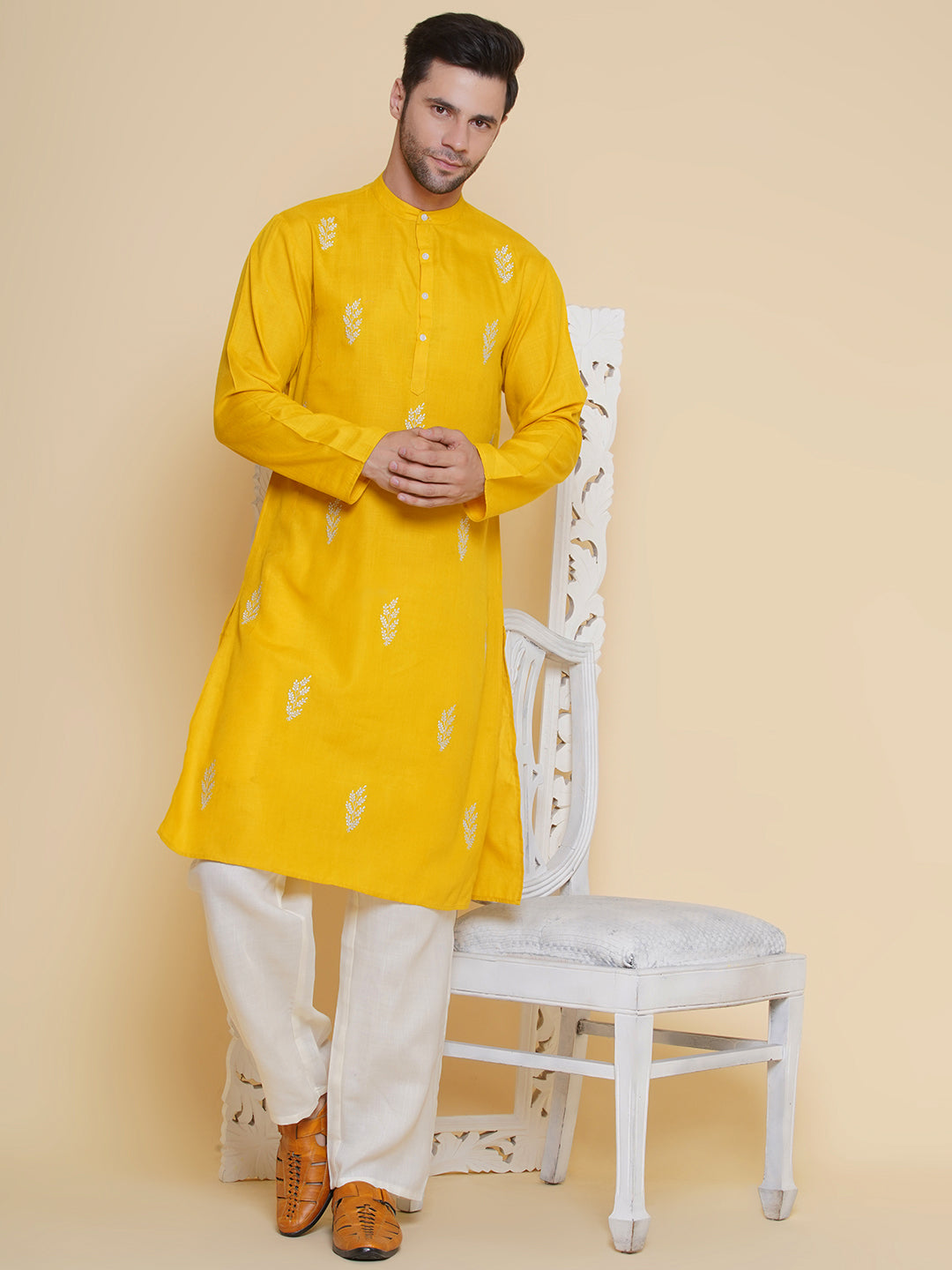 Men Yellow Embroidered ethnic motifs Festive Kurta Pyjamas