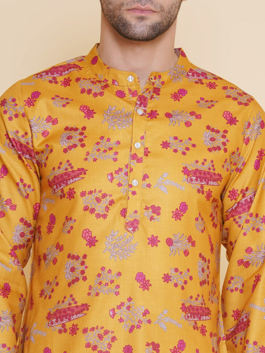 Men Mustard Floral Printed Festive Kurta Pyjamas