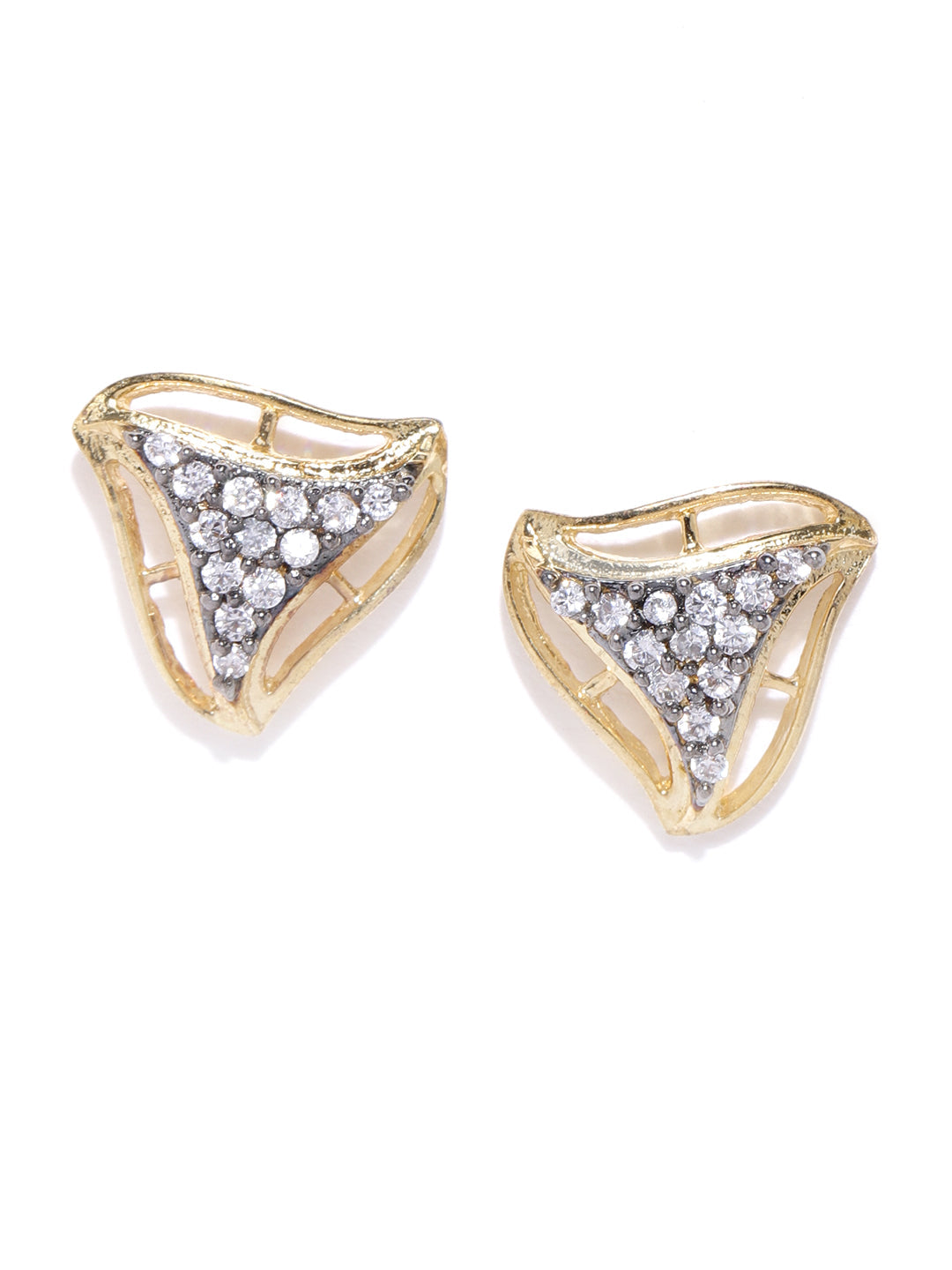 Gold Plated American Diamond Studded Triangular Shaped Grey Stud Earrings - NOZ2TOZ