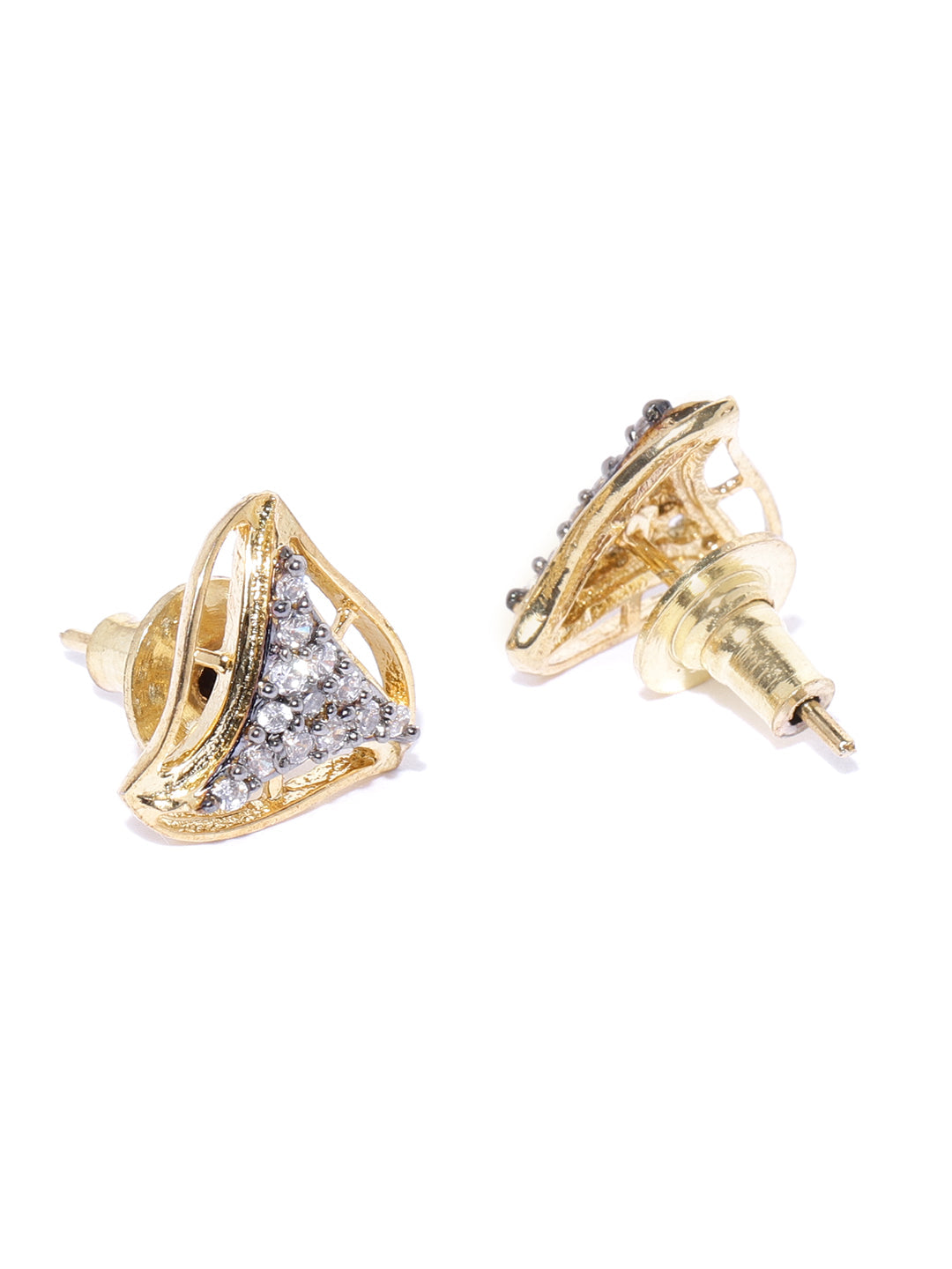 Gold Plated American Diamond Studded Triangular Shaped Grey Stud Earrings - NOZ2TOZ