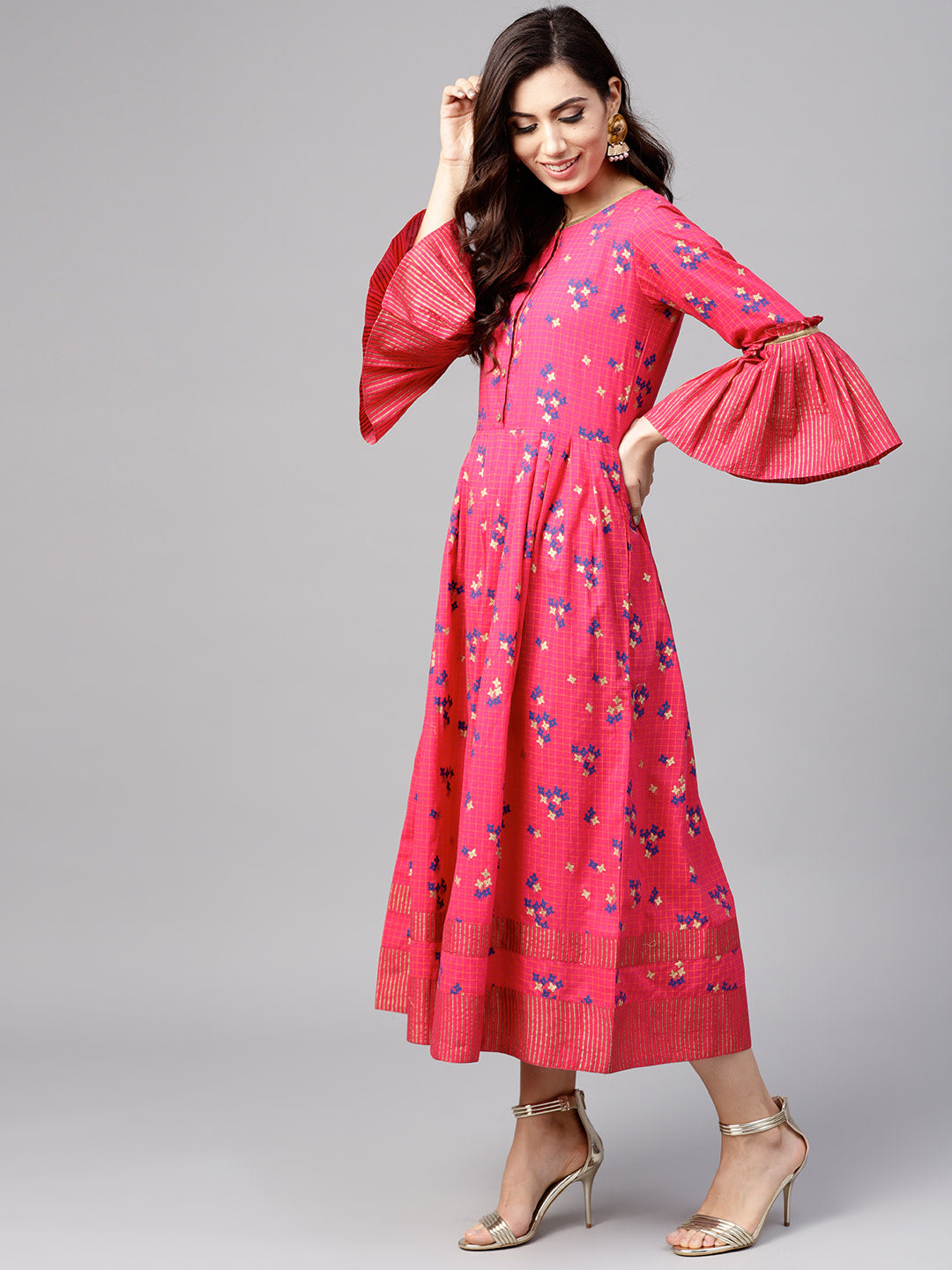 Women Pink and blue printed woven midi A-line dress - NOZ2TOZ