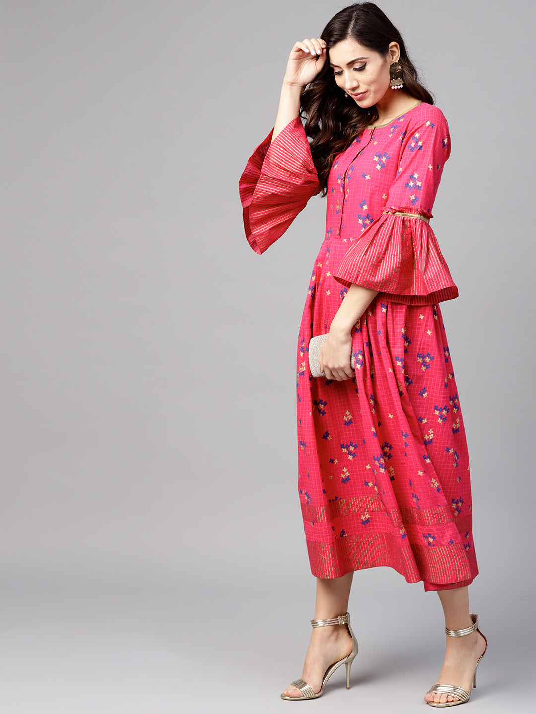 Women Pink and blue printed woven midi A-line dress - NOZ2TOZ
