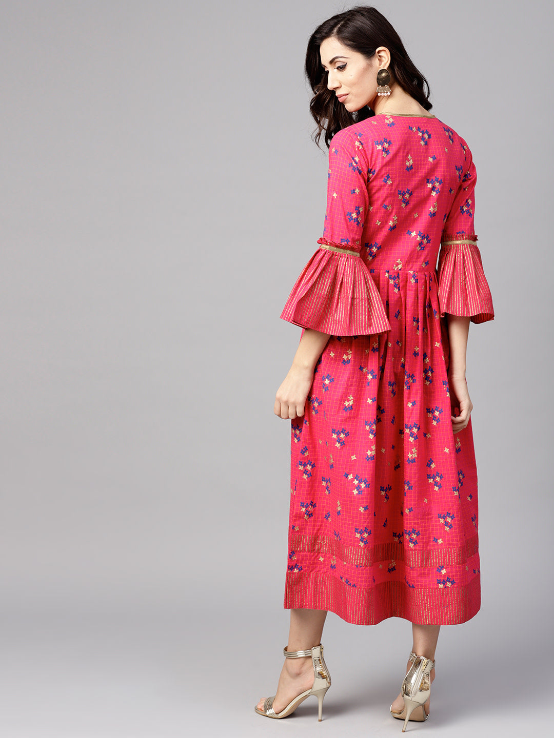 Women Pink and blue printed woven midi A-line dress - NOZ2TOZ