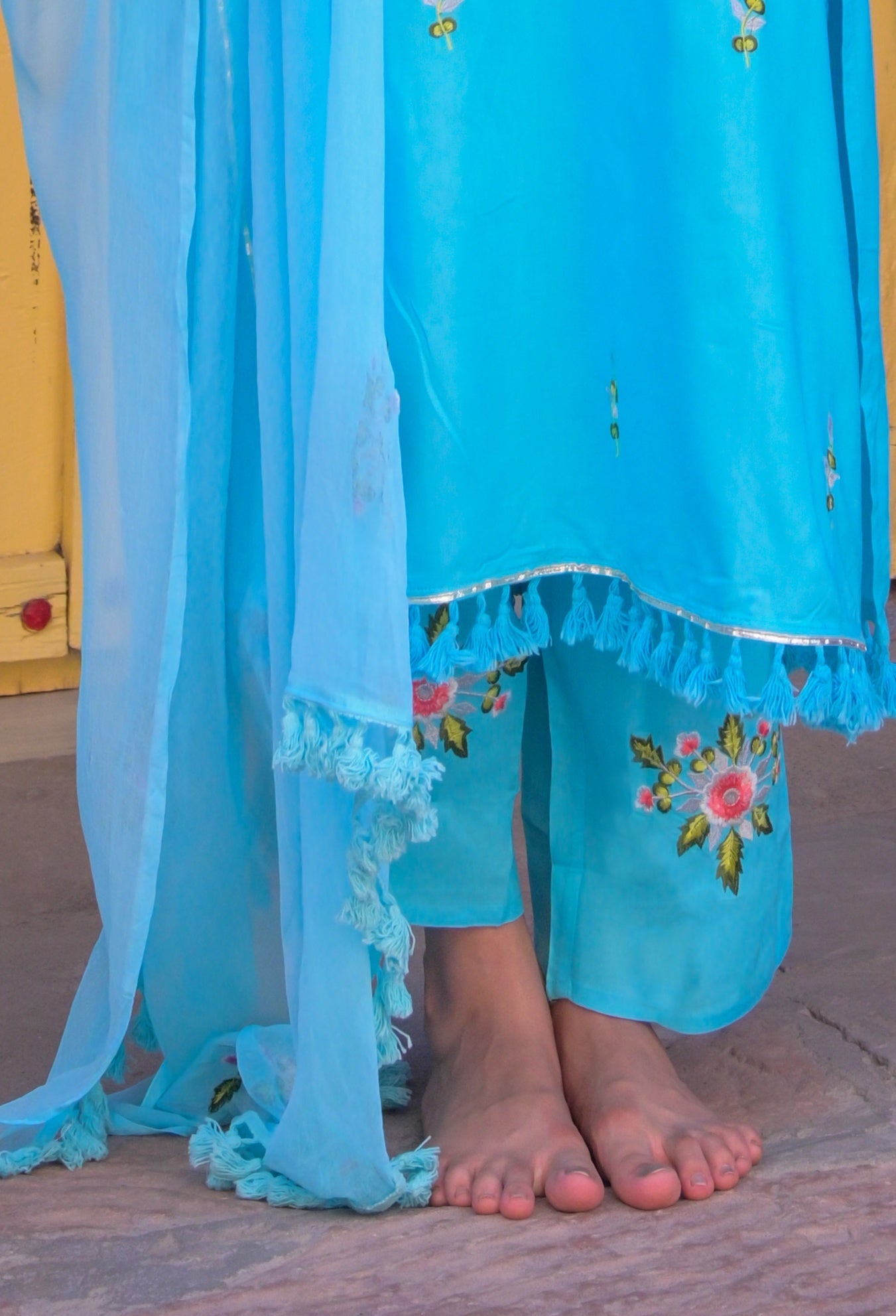 Women Blue Embroidered Kurta with Trousers Dupatta