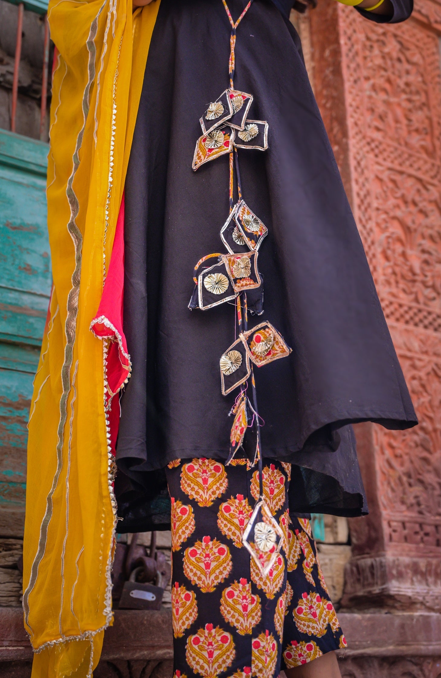 Women Black Pure Cotton Ethnic Motifs Printed Angrakha Kurta Set Dupatta