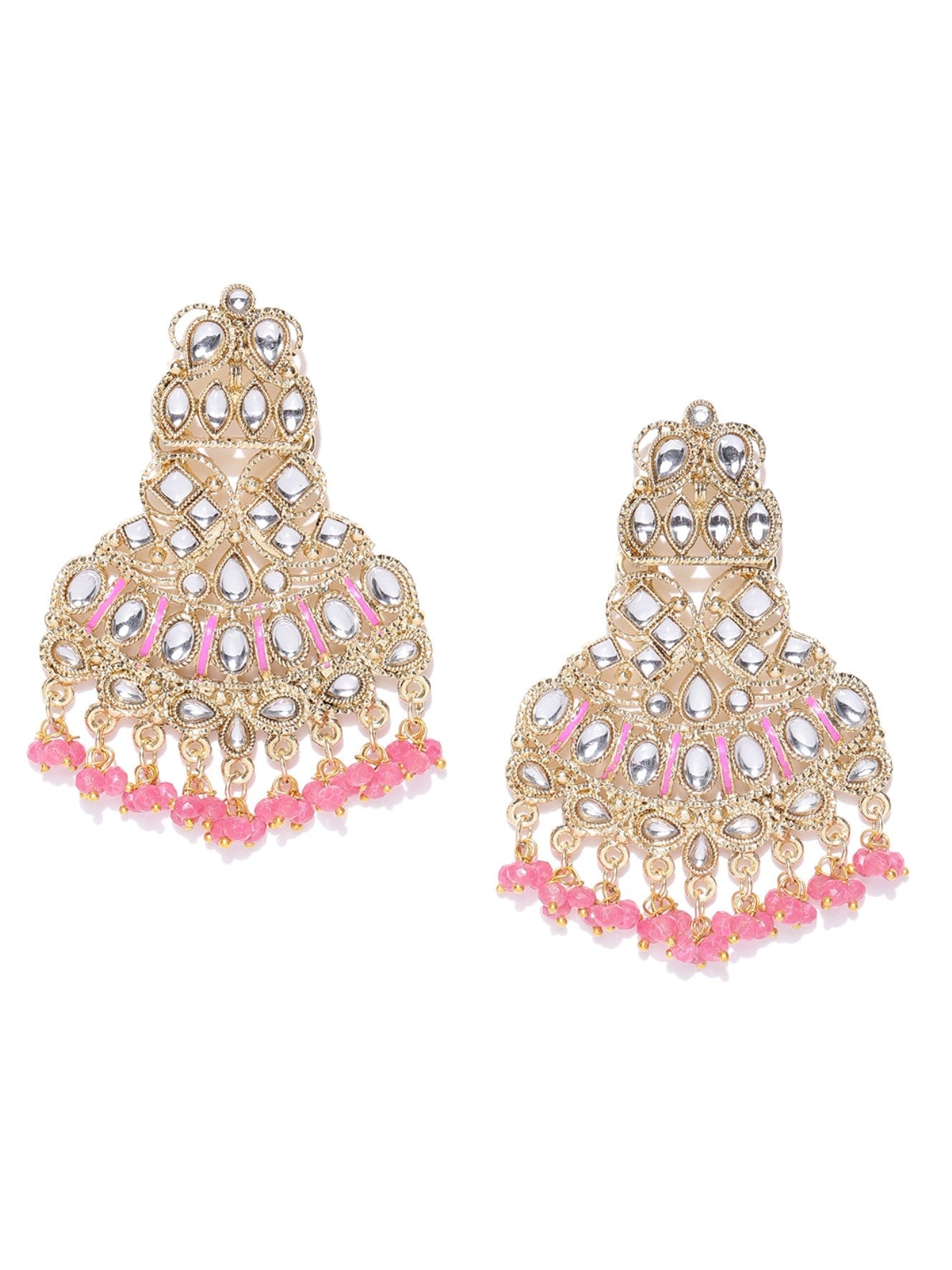Designer Gold Plated Kundan Earrings With Pink Beads For Women And Girls - NOZ2TOZ