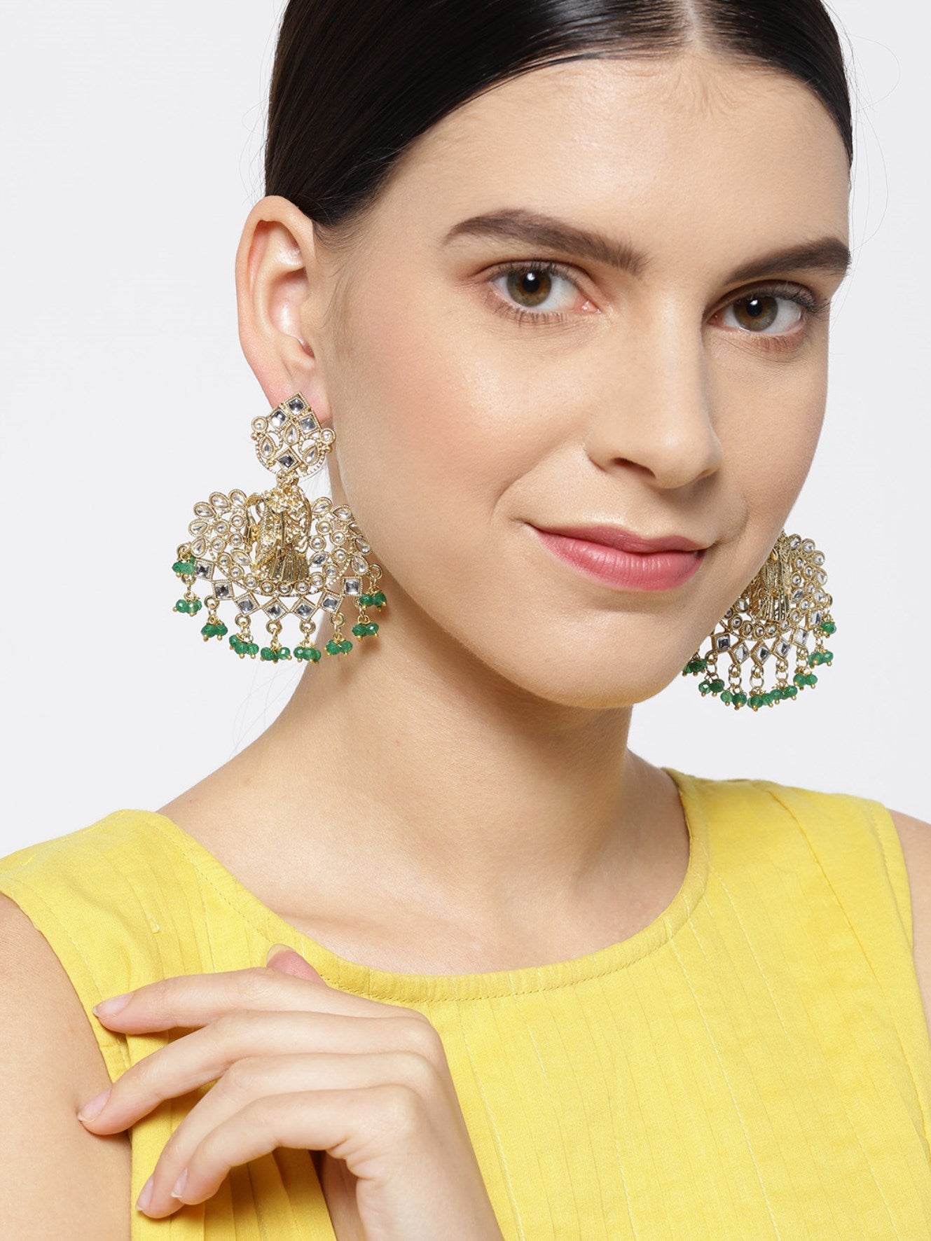 Gold Plated Radha Krishna Kundan Earrings With Green Beads For Women And Girls - NOZ2TOZ