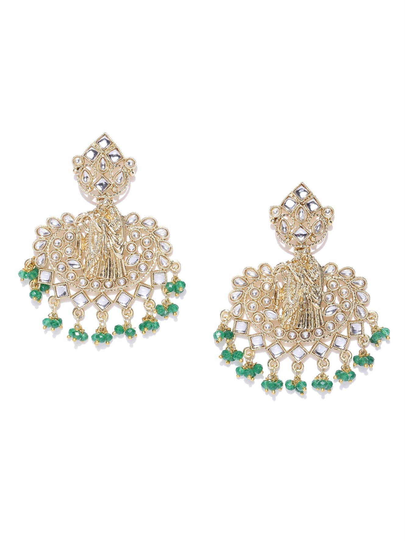 Gold Plated Radha Krishna Kundan Earrings With Green Beads For Women And Girls - NOZ2TOZ