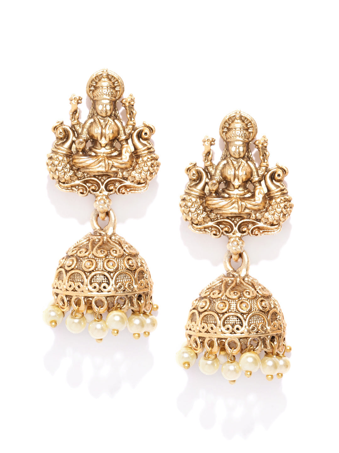 Matte Gold Finish Goddess Laxmi Inspired Designer Jhumki Earrings - NOZ2TOZ