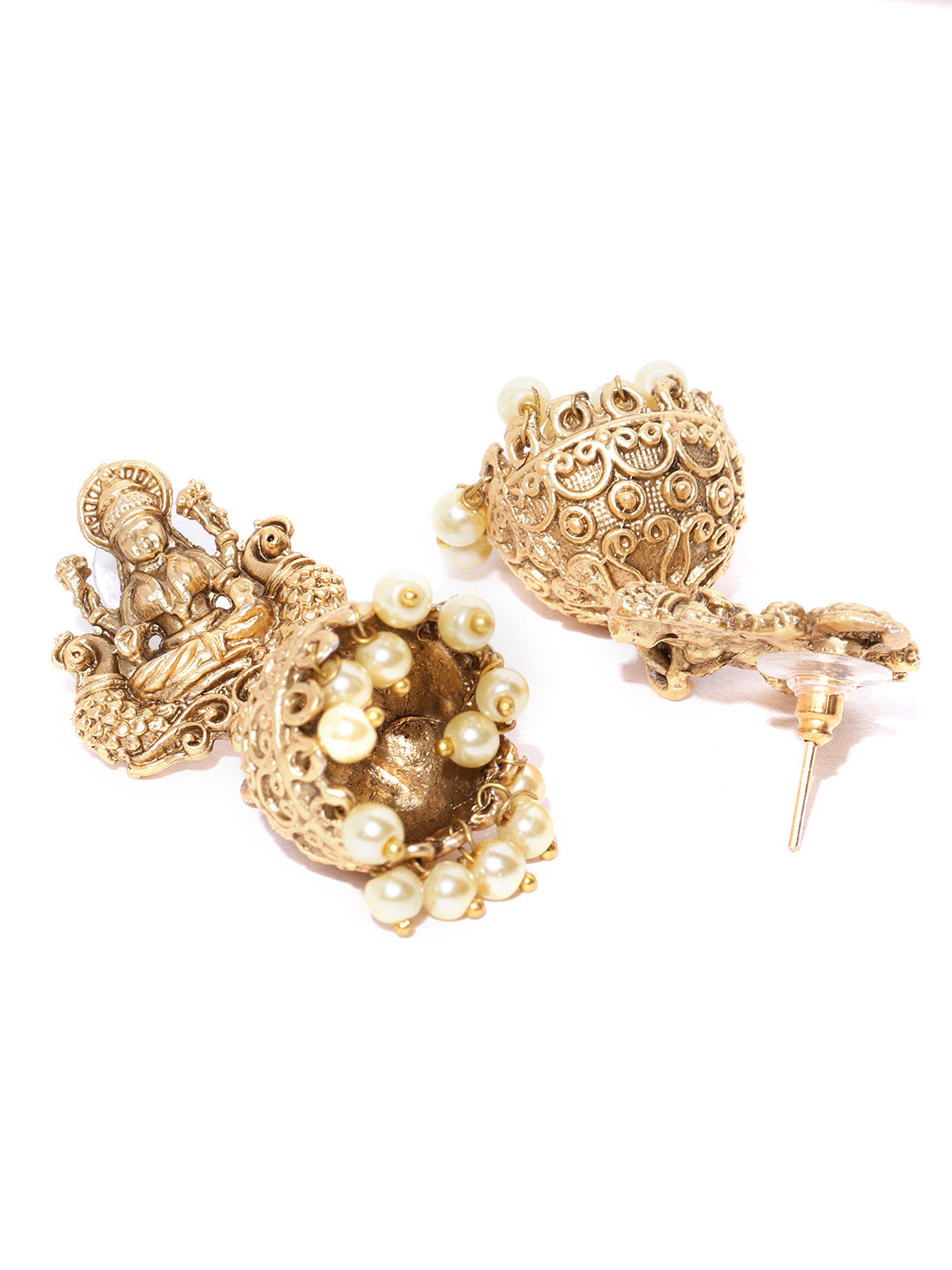Matte Gold Finish Goddess Laxmi Inspired Designer Jhumki Earrings - NOZ2TOZ
