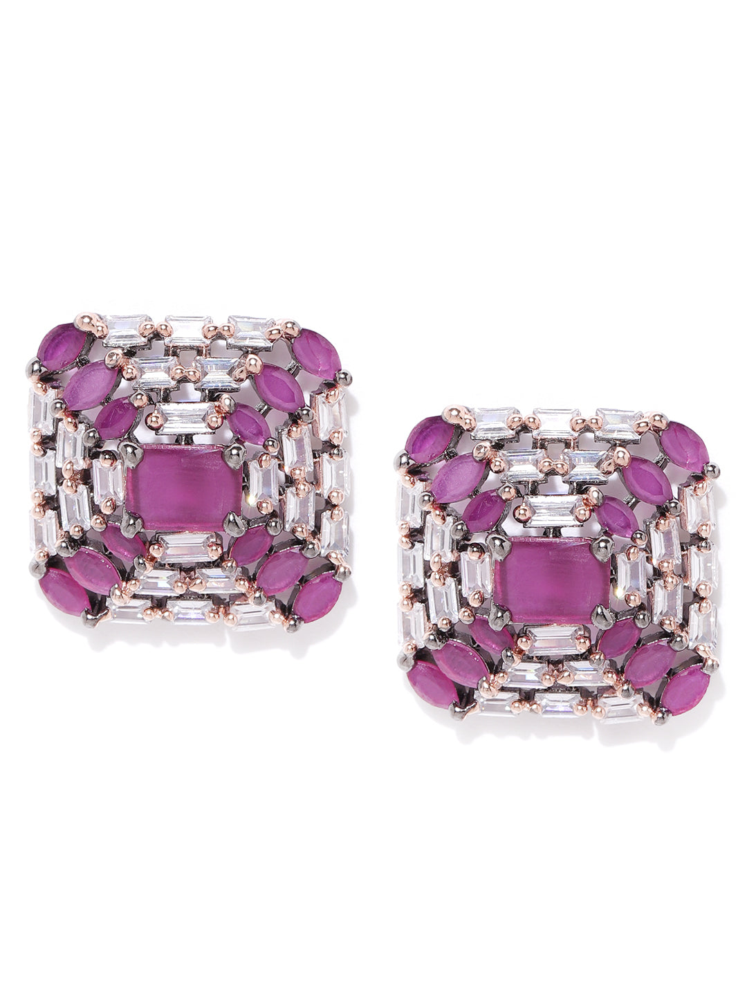 Intense Appeal - Gunmetal Plated AD & Magenta Stone Studded Square Stud Earrings - NOZ2TOZ