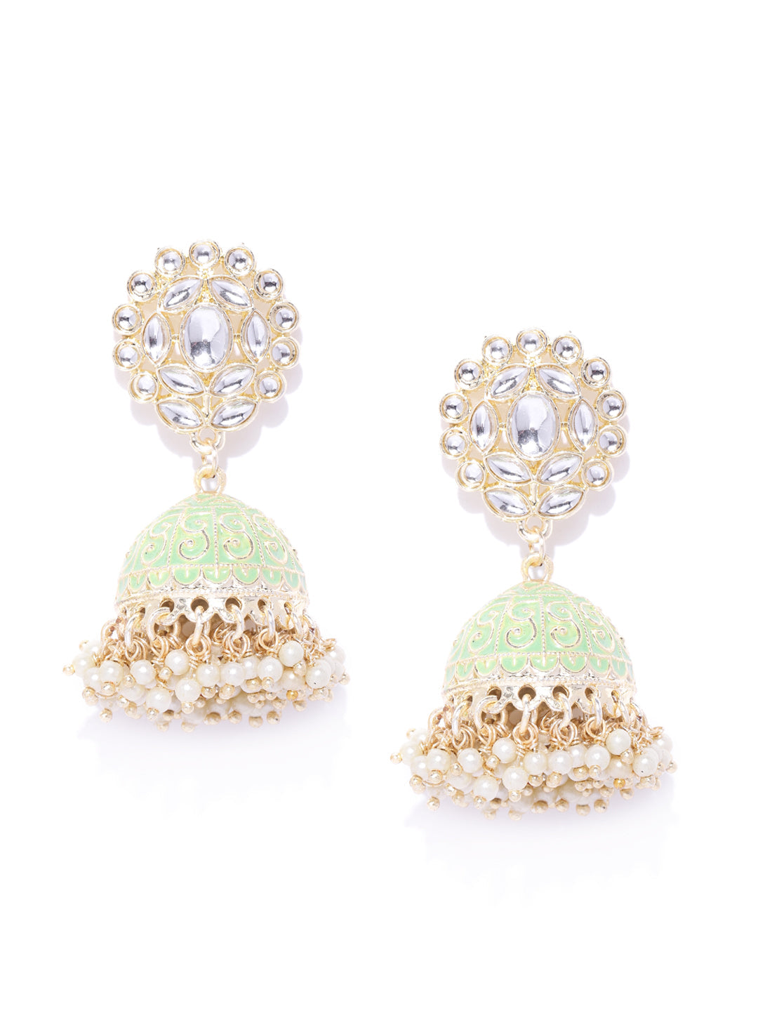 Gold-Plated Kundan Studded Floral Patterned Meenakari Jhumka Earrings in Green Color - NOZ2TOZ
