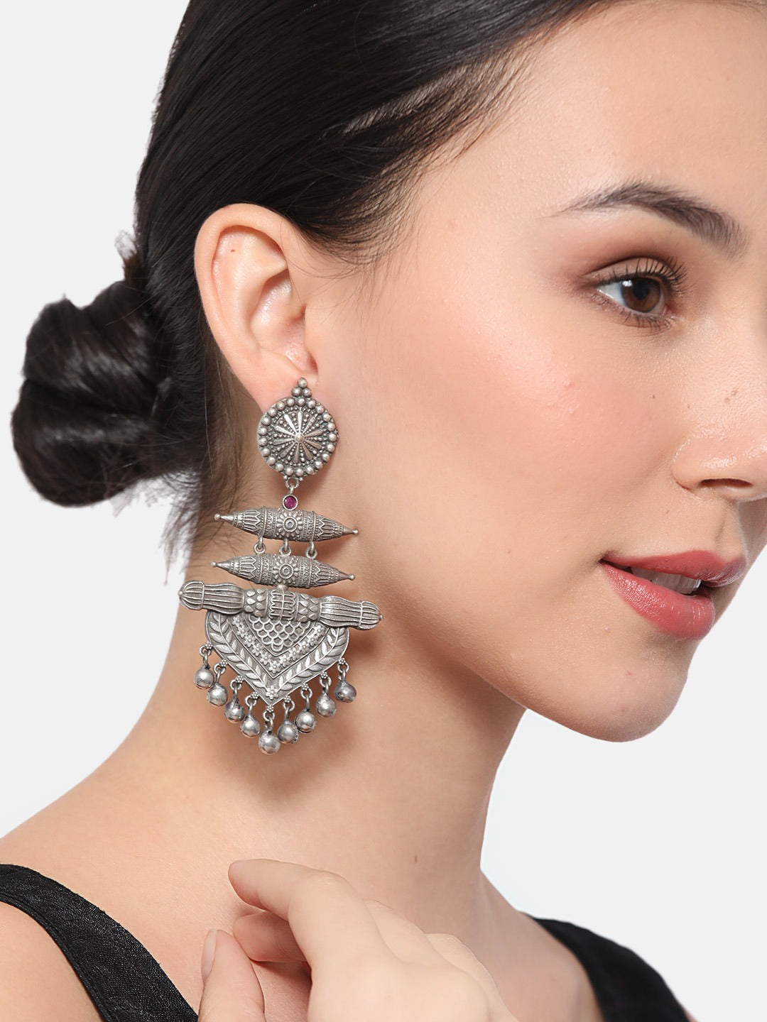 Oxidised Silver-Plated Stone-Studded Classic Drop Earrings - NOZ2TOZ