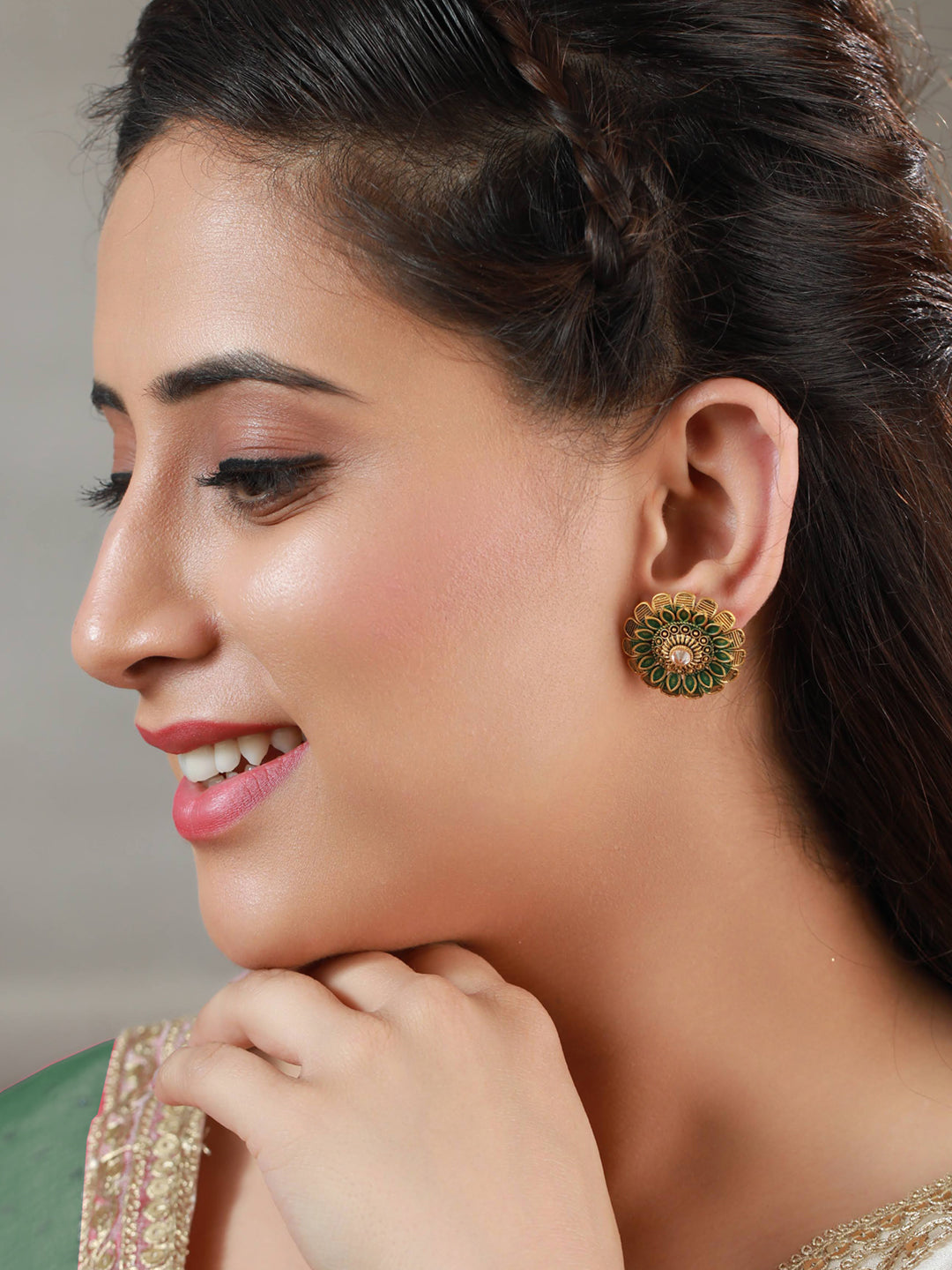 Floral Red Green Gold Plated Earring Set - NOZ2TOZ