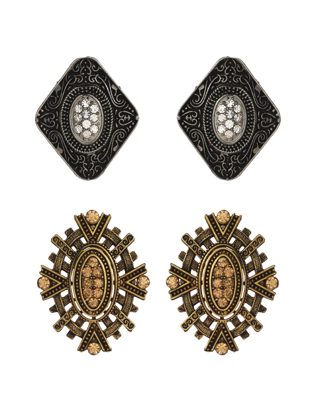 Studded Floral Gold and Silver Plated Earring Set - NOZ2TOZ