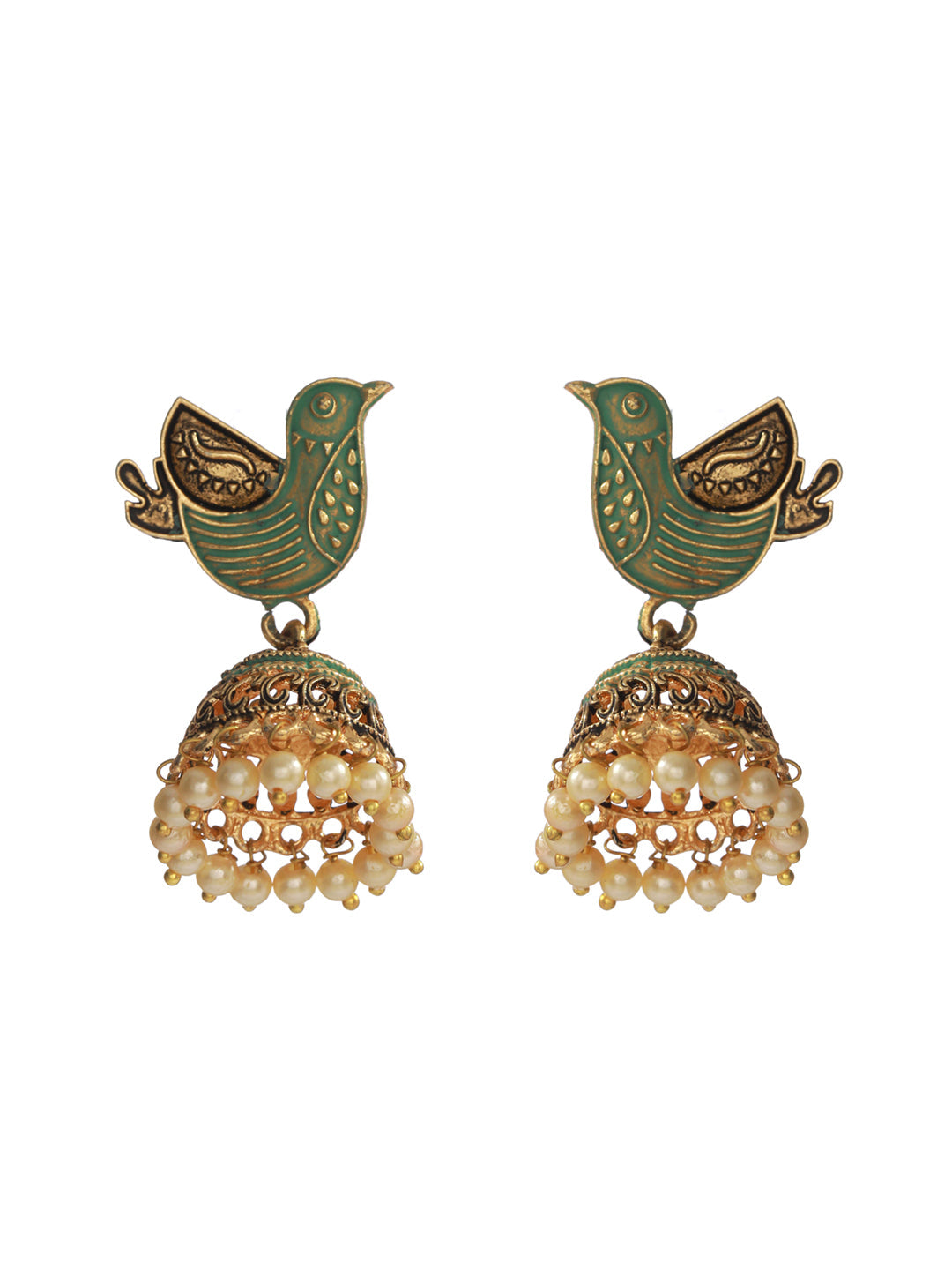 Green Bird Gold Plated Pearl Jhumka Earrings - NOZ2TOZ