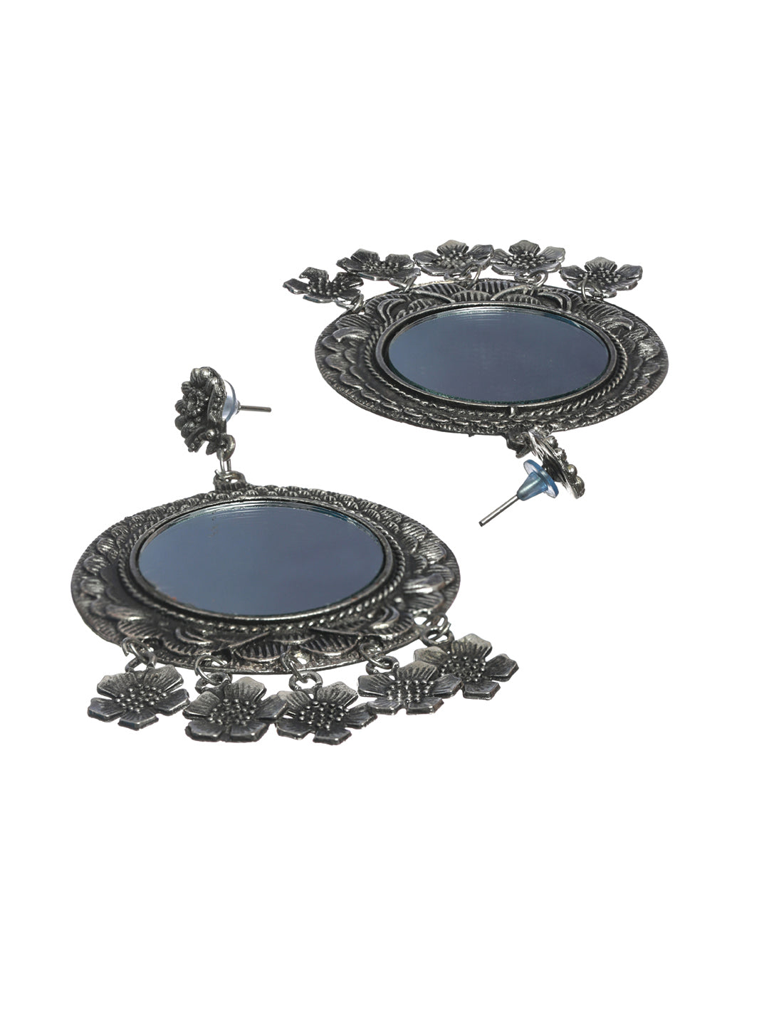 Floral Studded Mirror Oxidised Silver Earring Set - NOZ2TOZ