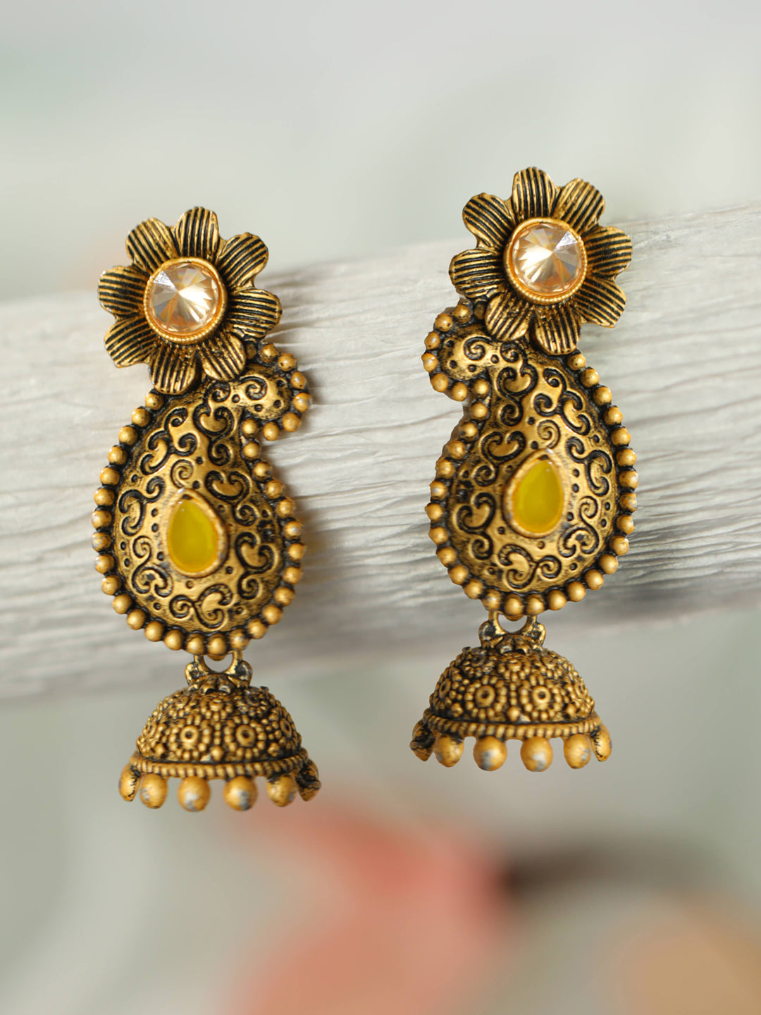 Yellow Floral Gold Plated Jhumka Earrings - NOZ2TOZ