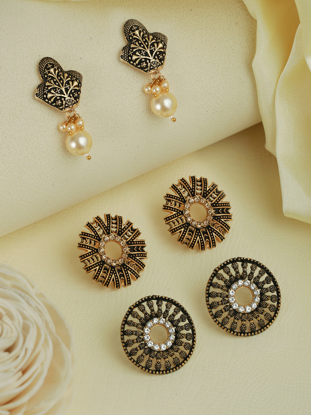 Studded Floral Gold Plated Earring Set of 3 - NOZ2TOZ
