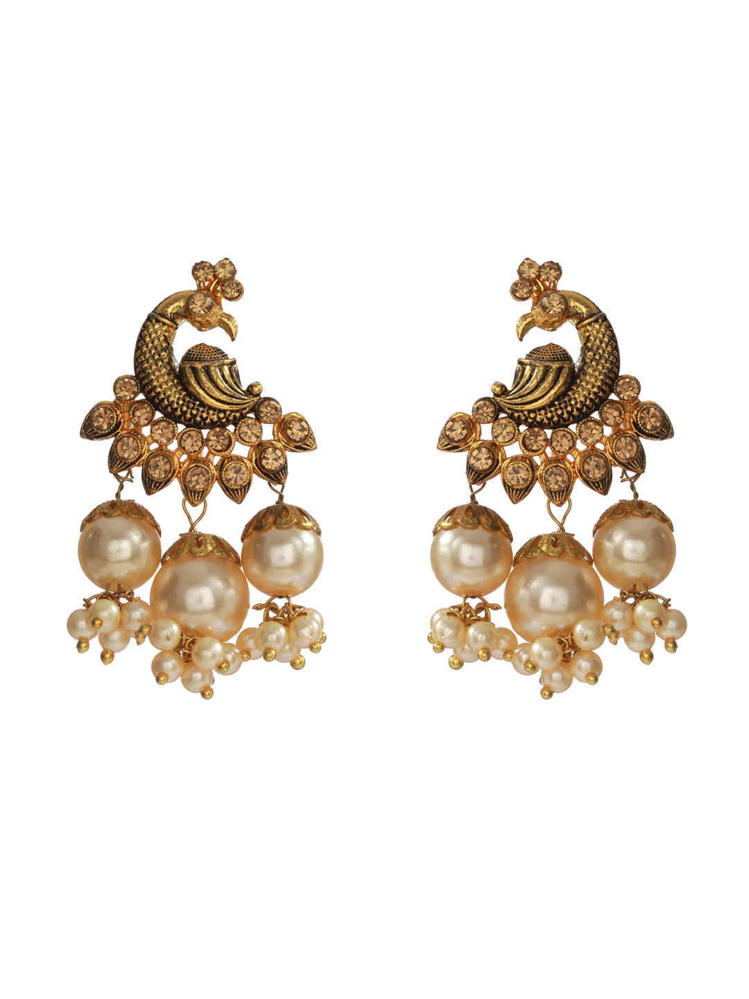 Peacock Studded Gold Plated Pearl Drop Earrings - NOZ2TOZ