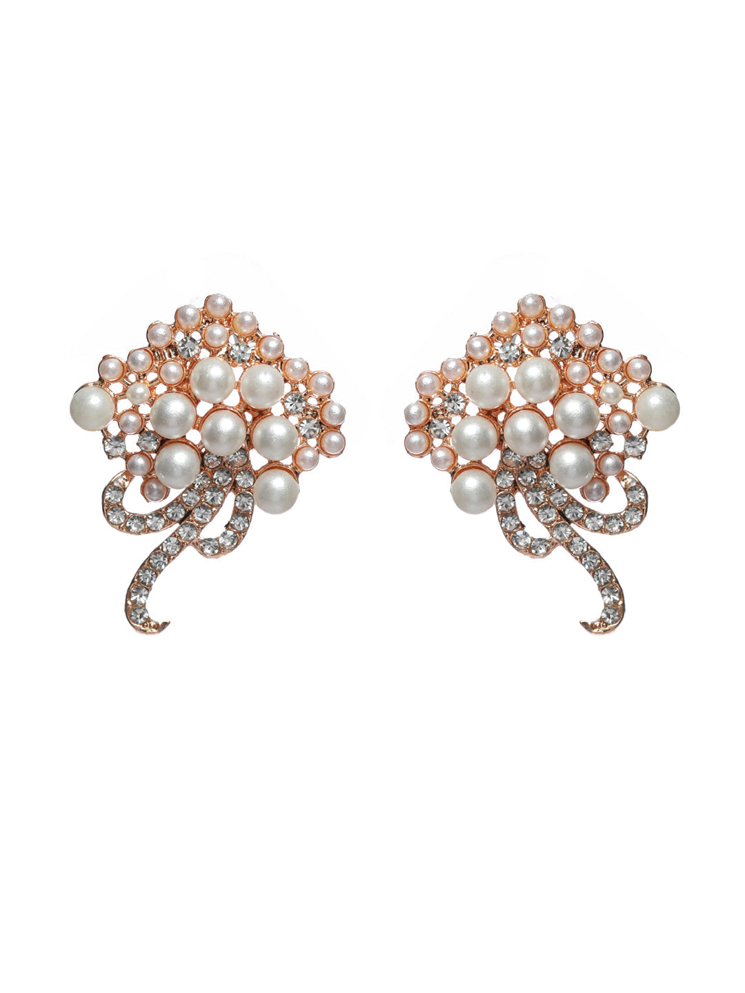 Floral Pearl Studded Silver Rose Gold Plated Earring Set - NOZ2TOZ