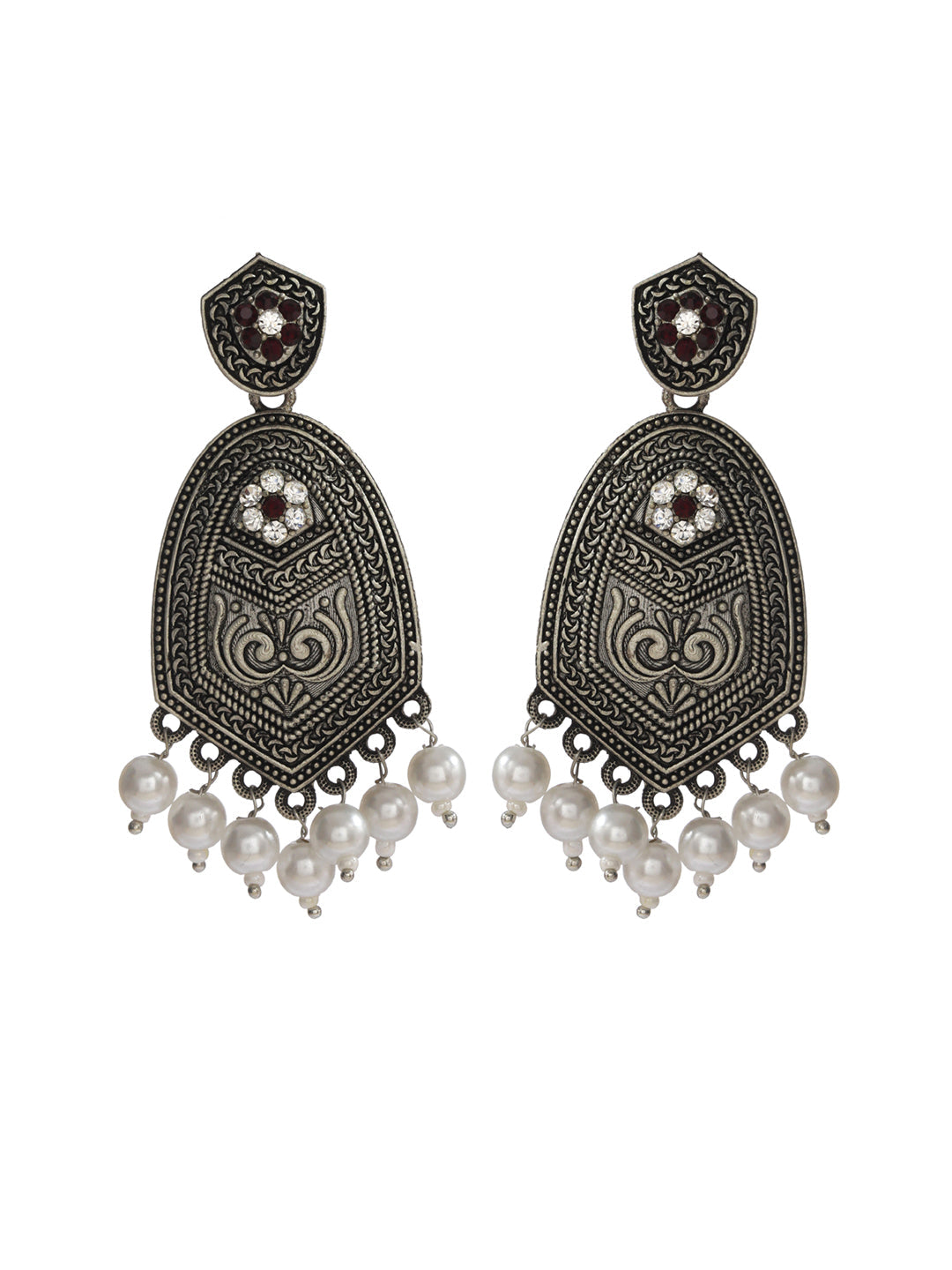 Studded Floral Oxidised Silver Pearl Drop Earrings - NOZ2TOZ