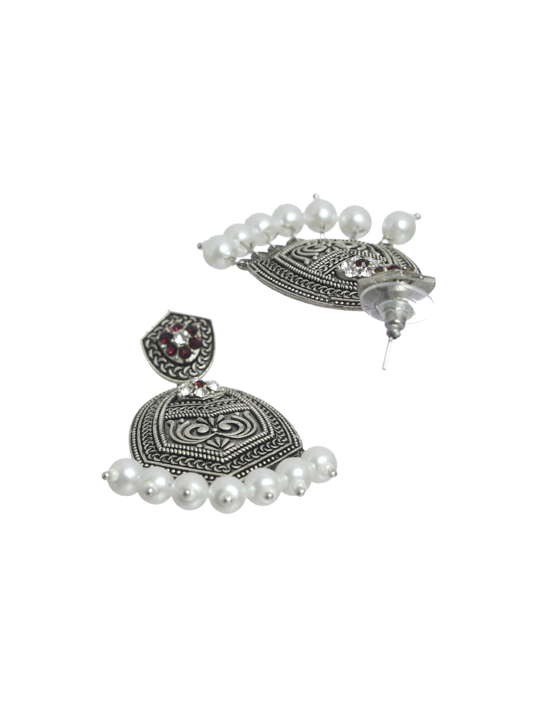 Studded Floral Oxidised Silver Pearl Drop Earrings - NOZ2TOZ