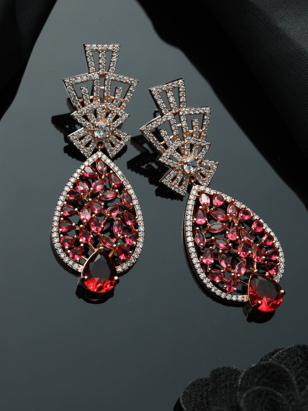 Sparkling Pink American Diamond Floral Drop Earrings - NOZ2TOZ