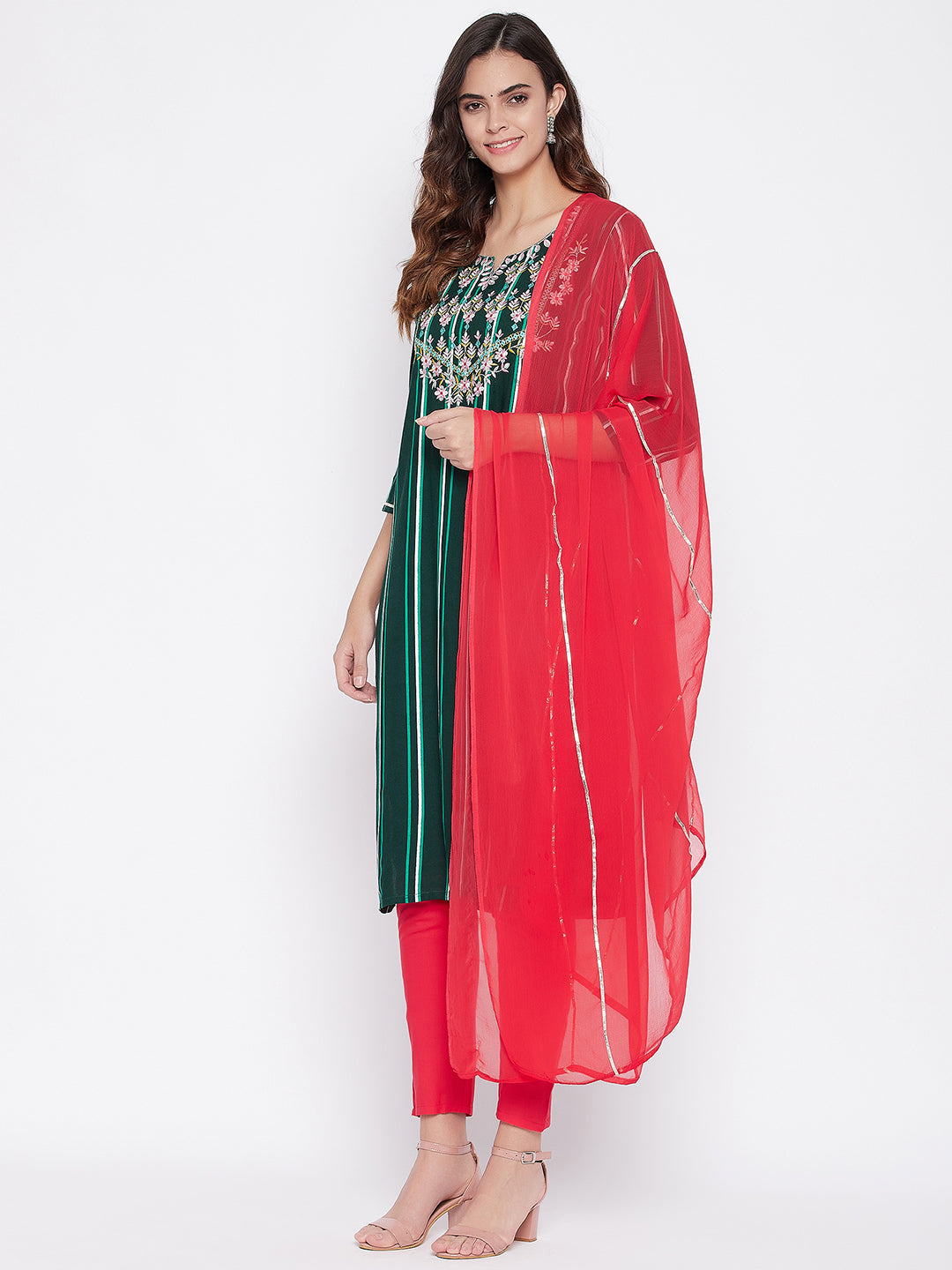 Women Green Printed Kurta with Trousers With Dupatta