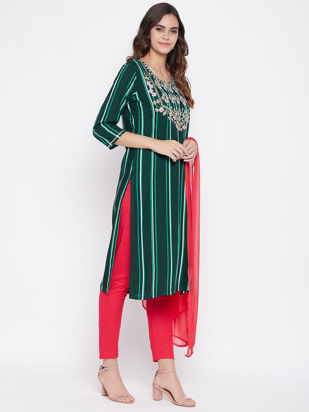 Women Green Printed Kurta with Trousers With Dupatta